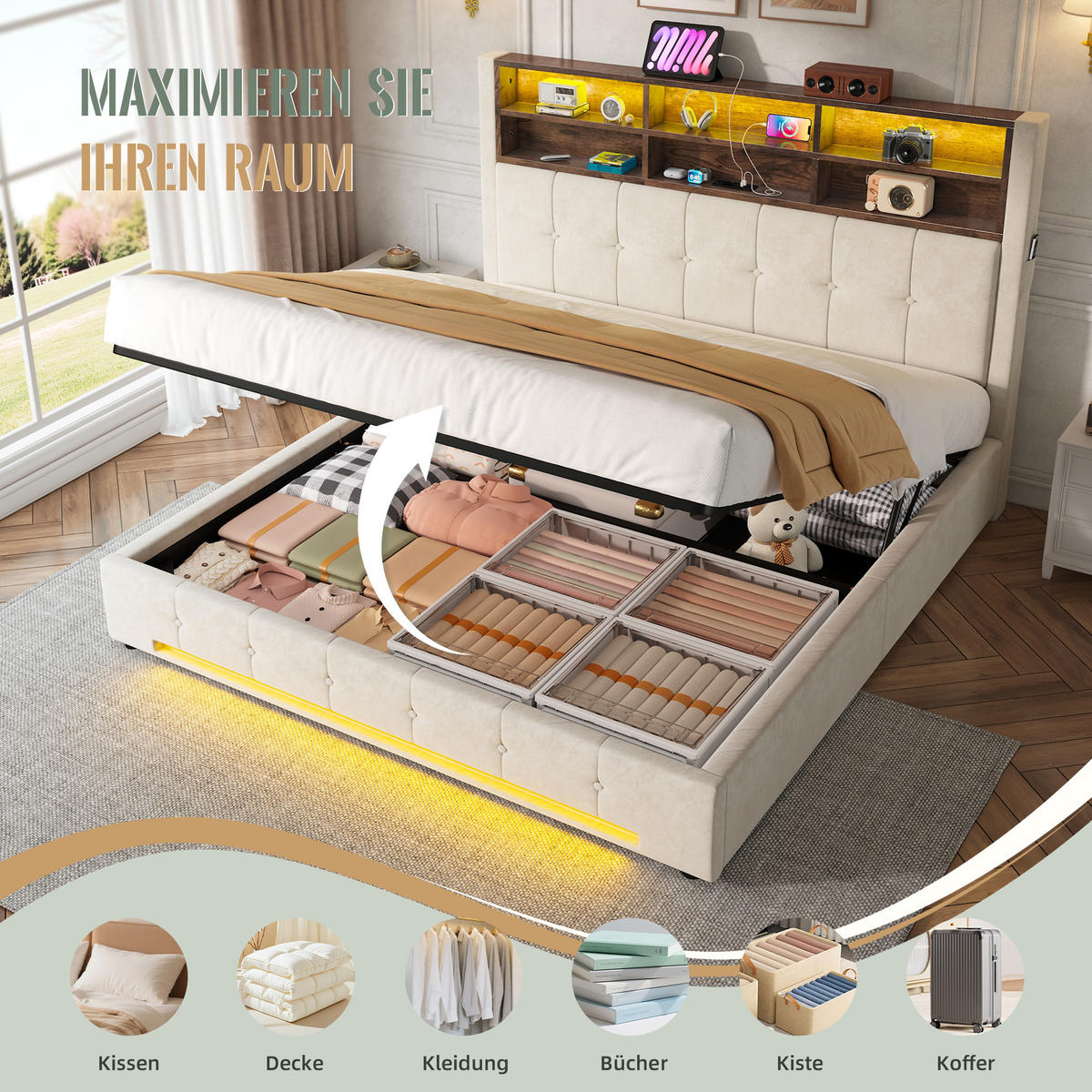 POLSTERBETT 180/200 cm Beige mit 6 Fächer, Seitentaschen, USB-C und LED - Beige, Textil (180/200cm) - Oxeza