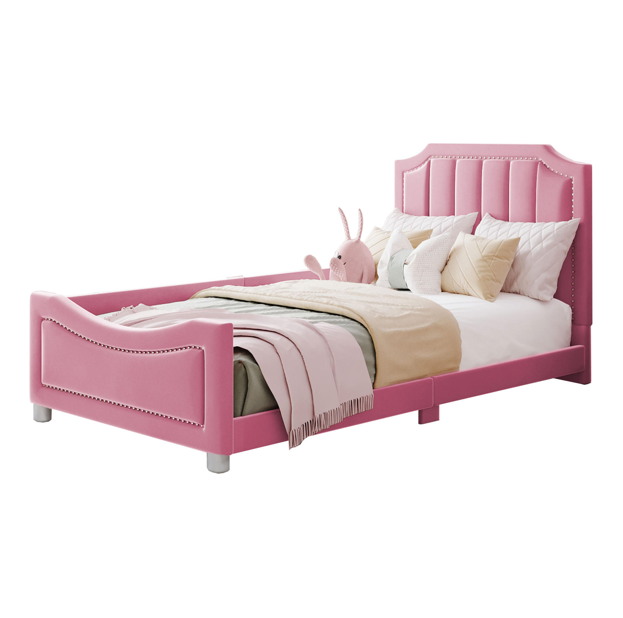 KINDERBETT 90/200 cm aus Holz mit Flanellbezug und Rückenlehne Rosa - Pink, Holz (90/200cm) - Modenvie