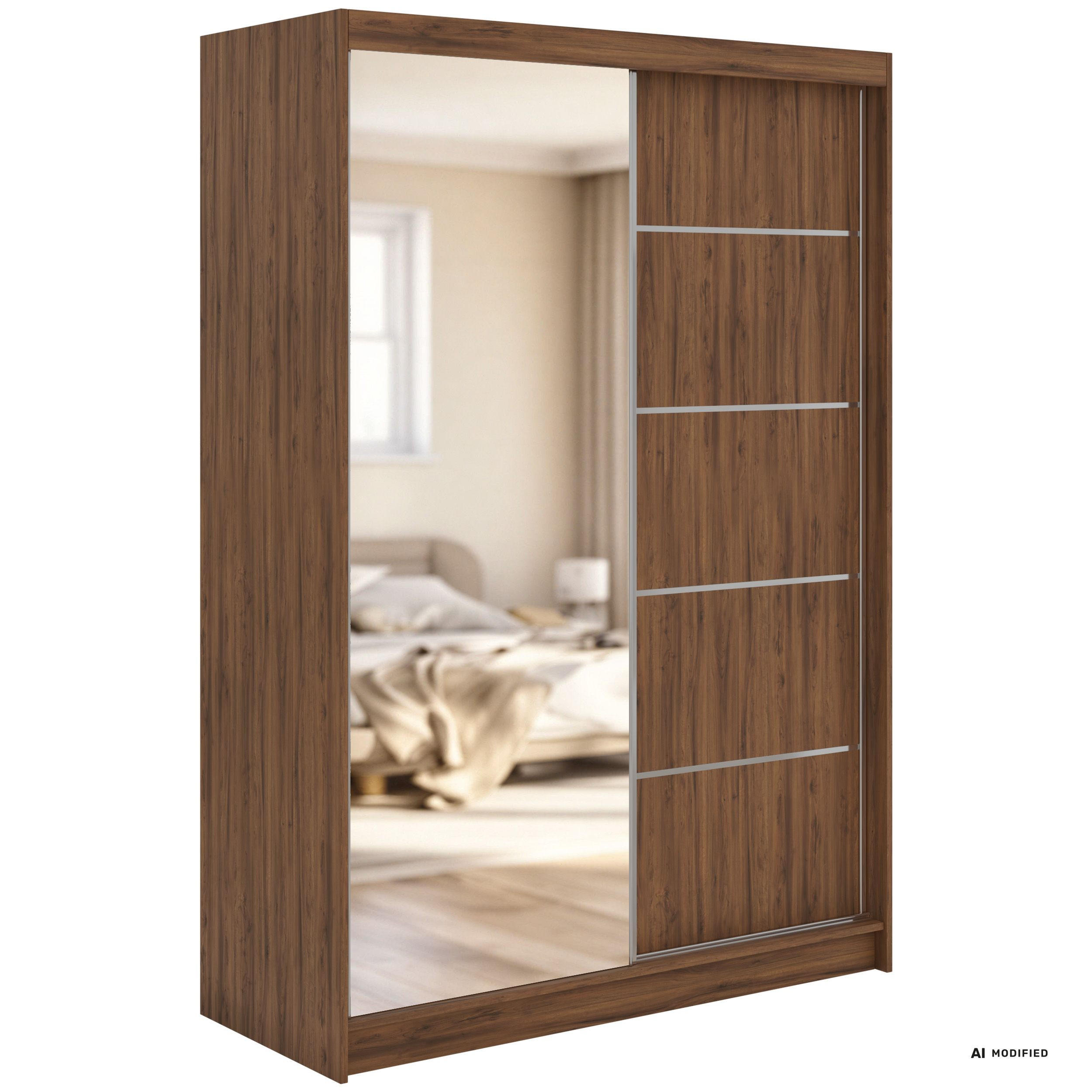 SCHWEBETÜRENSCHRANK 150 - SKORIA - Warmia Walnuss mit Spiegel - Walnussfarben/Alufarben, Holzwerkstoff/Metall (150/216/61cm) - MKS