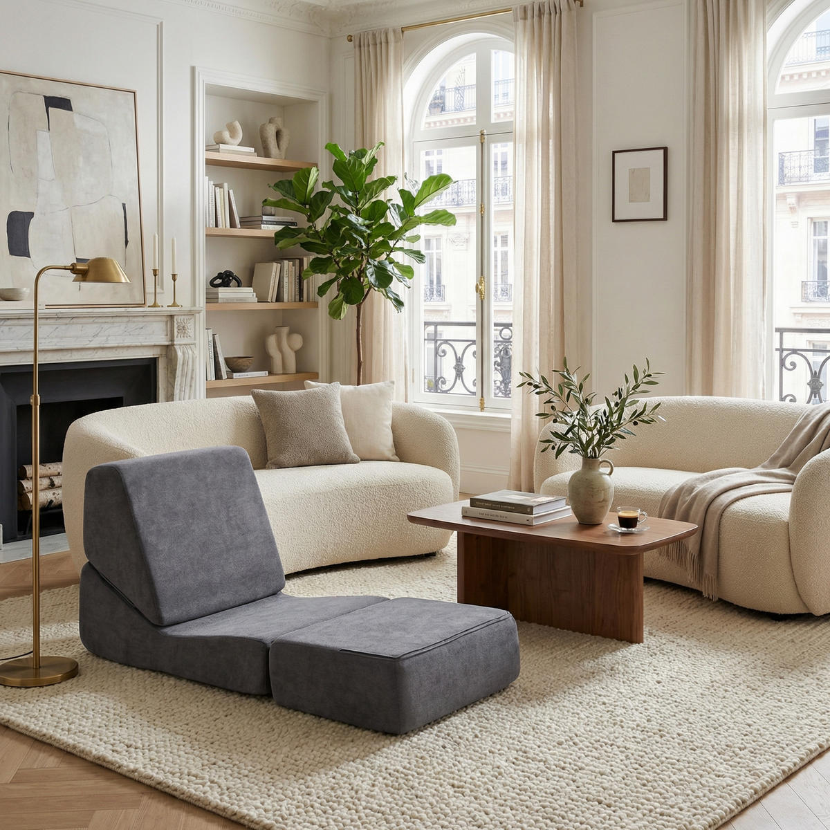 SCHLAFSESSEL 3-in-1 Umwandelbares Bodensofa & Gästebett aus Samtstoff - Grau, Textil (99/68/73cm) - Urban Meuble