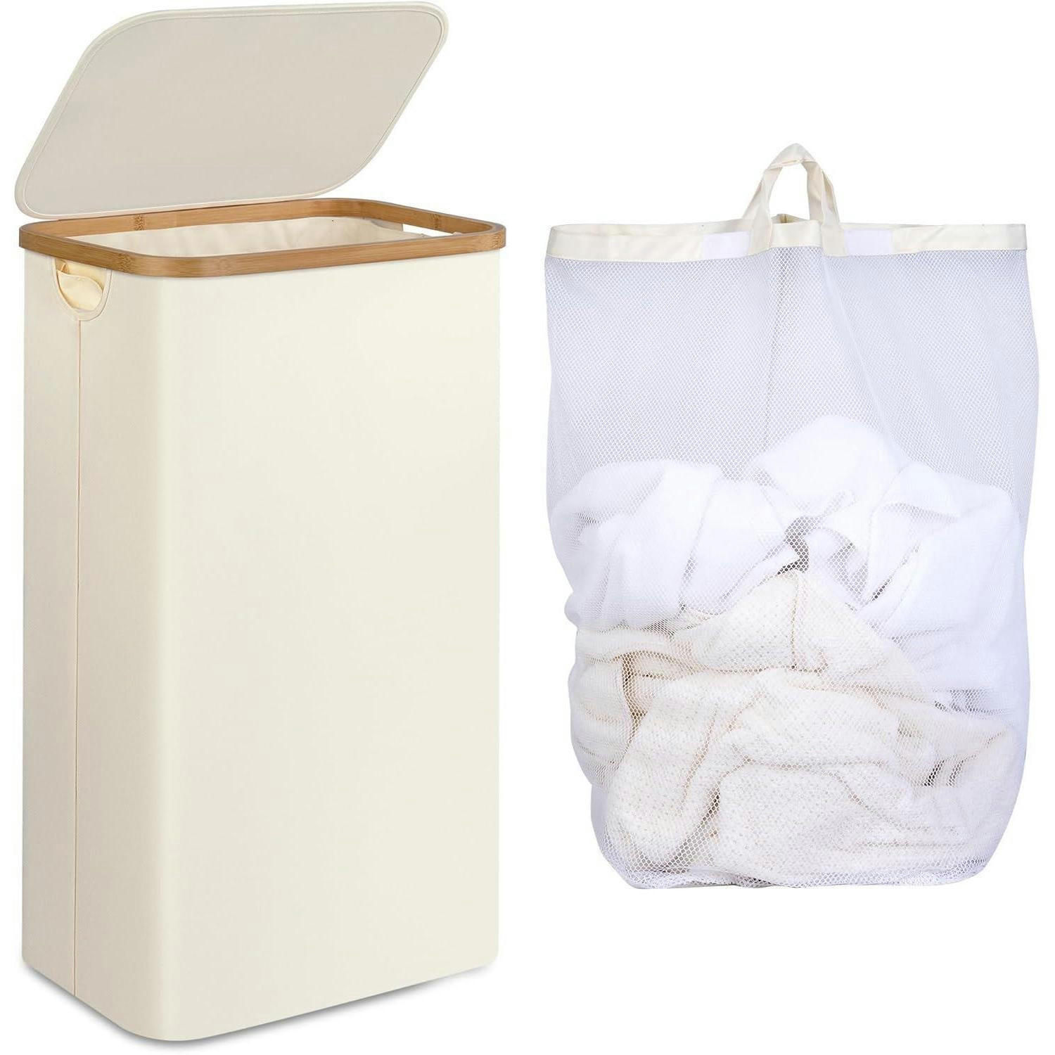 WÄSCHEKORB mit Deckel und Innentasche Beige 75L - Creme, Textil (27.5/66/41cm)