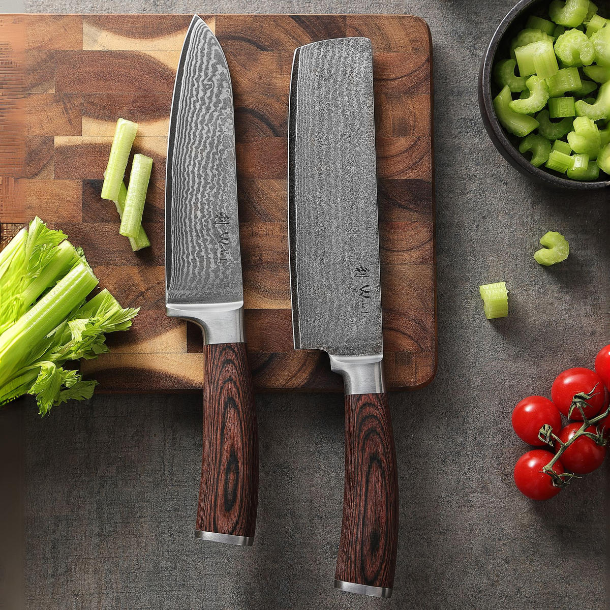 SANTOKU& Nakiri Messerset aus Damast I EDIB - Braun, Holz/Holzwerkstoff - Wakoli