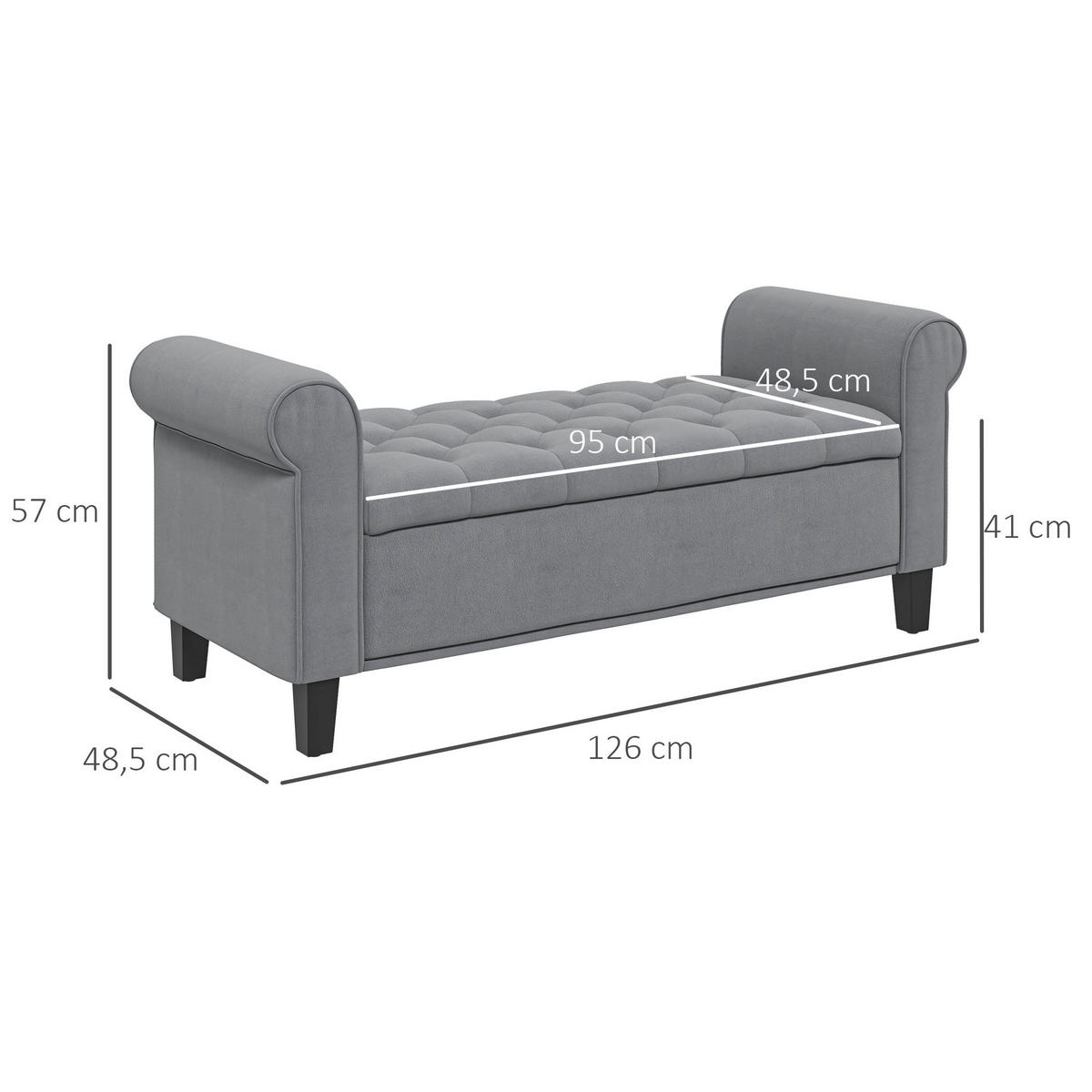 BETTBANK mit Stauraum für Schlafzimmer, bis 120 kg Belastbar, Grau - Grau, Kunststoff (48.5/57/126cm) - HOMCOM
