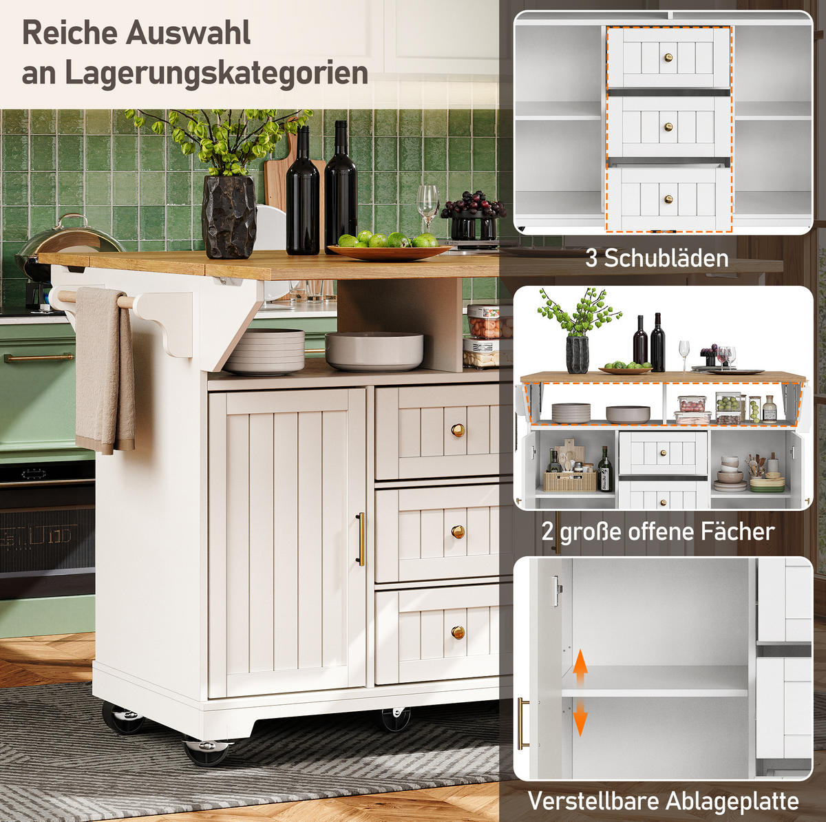 KÜCHENINSEL 120/40-80/95 cm aus MDF und Metall mit beidseitig klappbarer Tischplatte Weiß (Holzoptik) - Weiß, Holzwerkstoff (120/95/80cm) - Modenvie