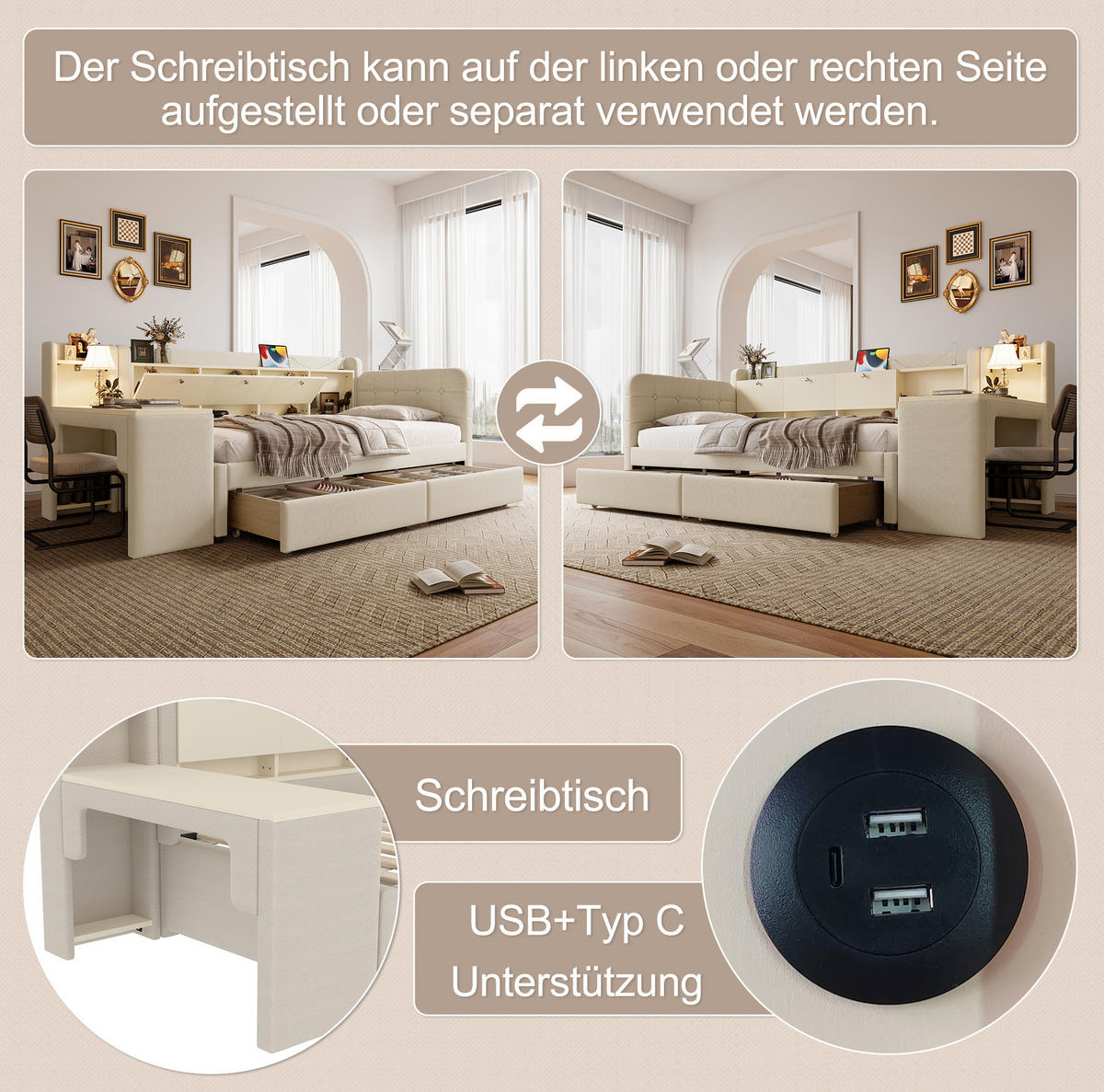 POLSTERBETT 90/200 cm mit Schreibtisch, 2 Schubladen, USB- und Typ-C-Anschluss, Leinenbezug, Beige - Beige, Textil (90/200cm) - Redom