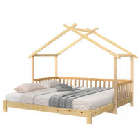 HAUSBETT aus massivem Kiefernholz 90/180x200 cm Natur ausziehbar mit Hausdach und 3-seitigem Geländer - Naturfarben, Holzwerkstoff (90/200cm) - Modfu
