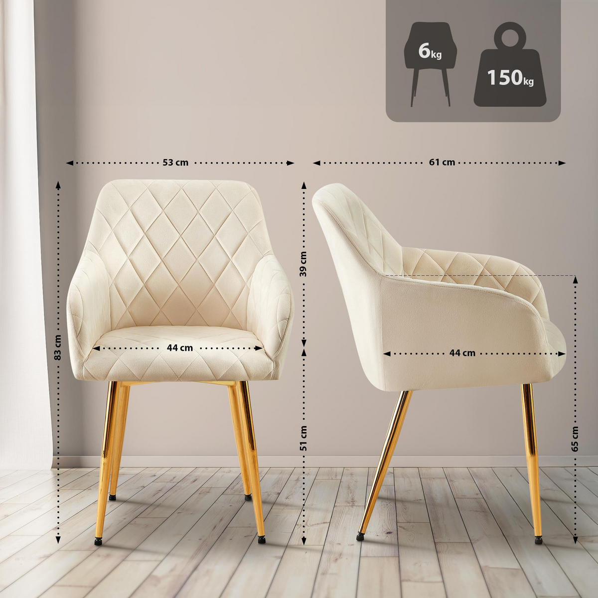 ARMLEHNENSTUHL 2er Set Samt Creme - Goldfarben/Creme, Textil (53/83/61cm) - CLP