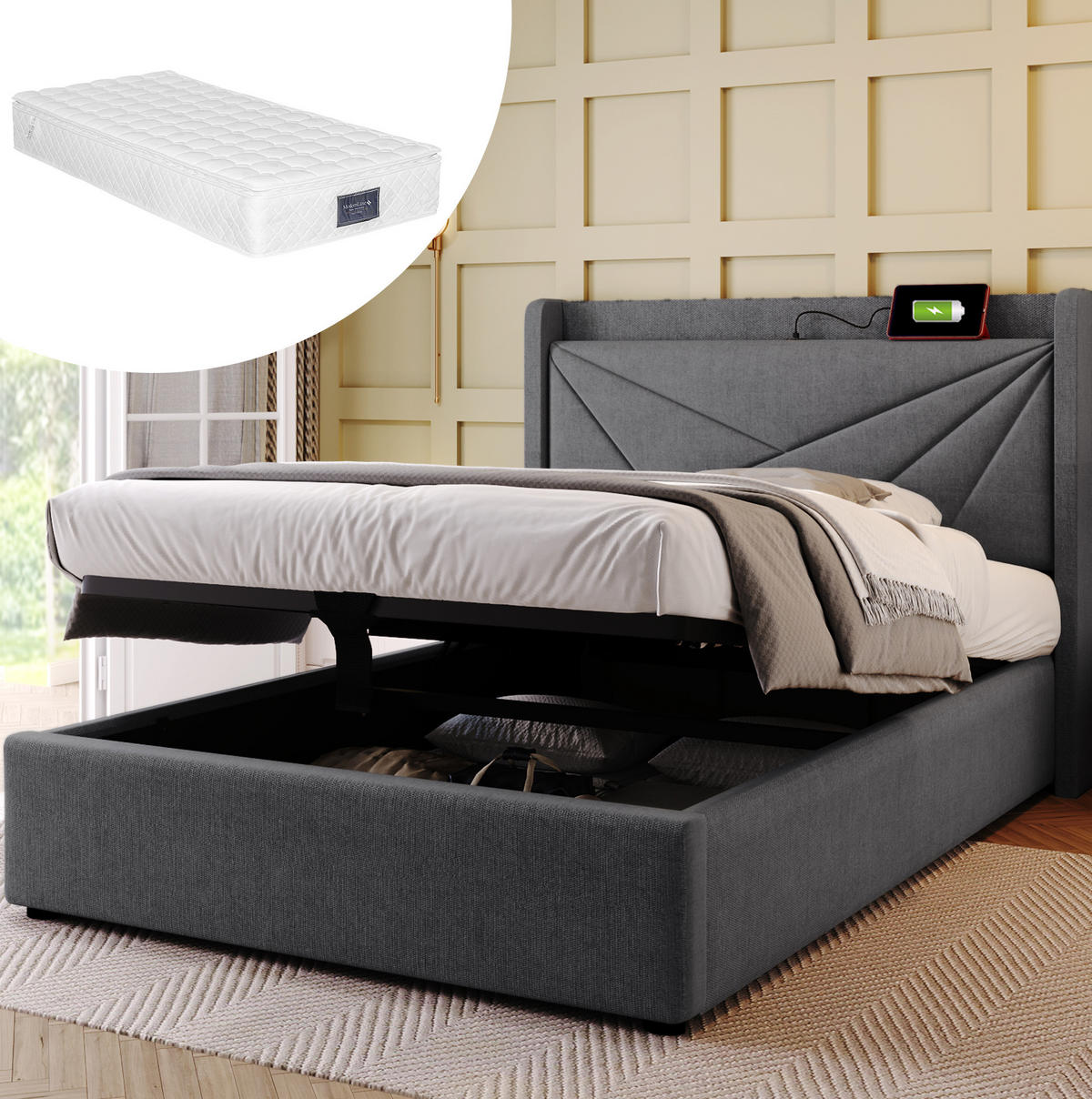 POLSTERBETT aus Baumwoll-Leinen 90x200 cm Grau mit Bettkasten, USB- und USB-C-Anschluss und Matratze - Grau, Textil (90/200cm) - IVMEU