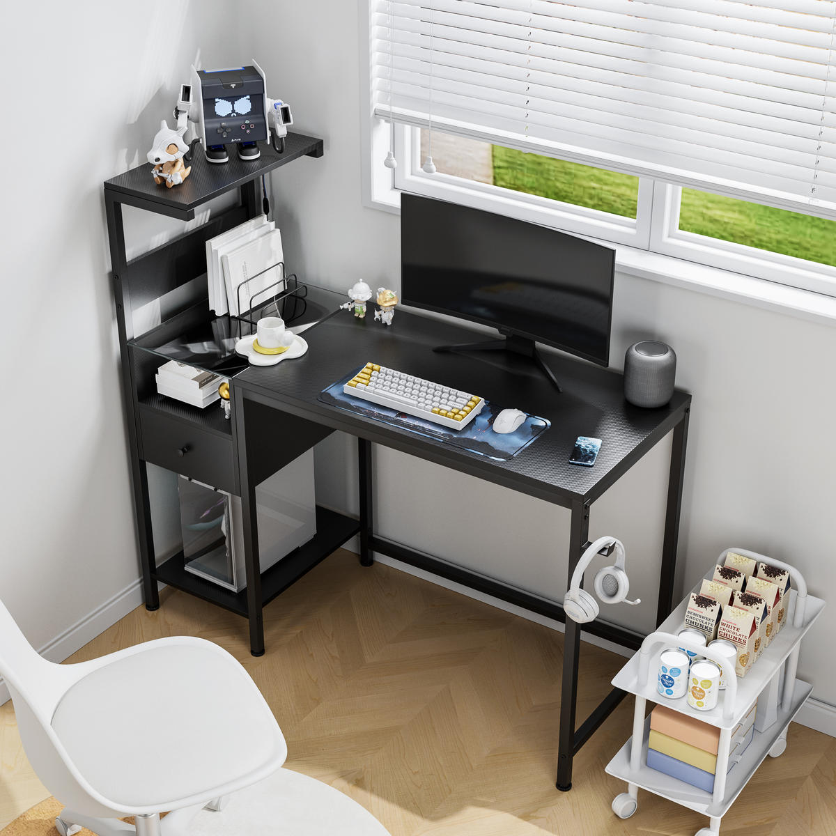 COMPUTERTISCH Schwarz 122/51/110 cm mit Stromanschluss USB LED-Beleuchtung und Regal - Schwarz, Metall (50/122/115cm) - PANGIVO