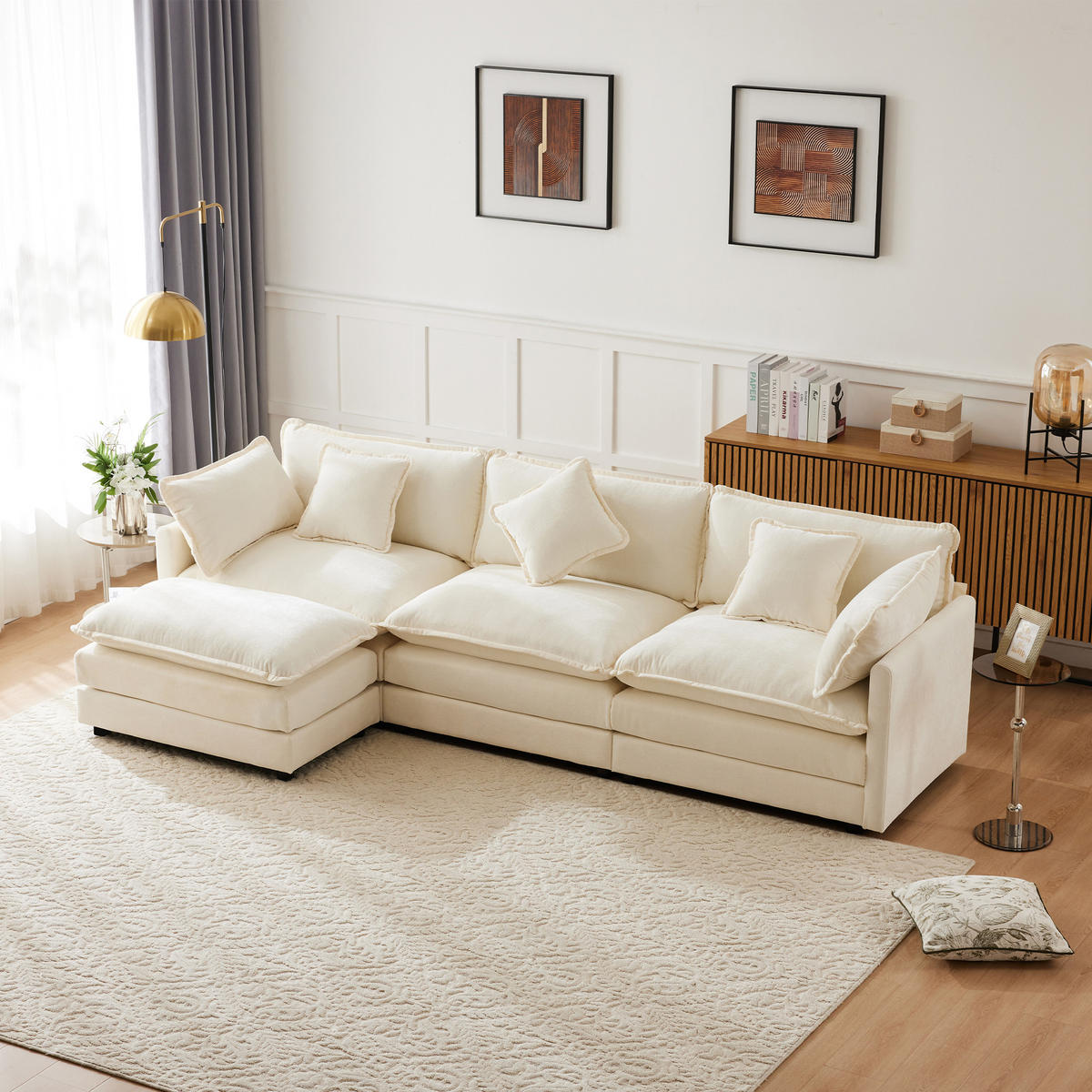 3-SITZER ECKSOFA Chenille Beige mit Kissen und Hocker - Beige, Holzwerkstoff/Kunststoff (283/147cm) - WISHDOR