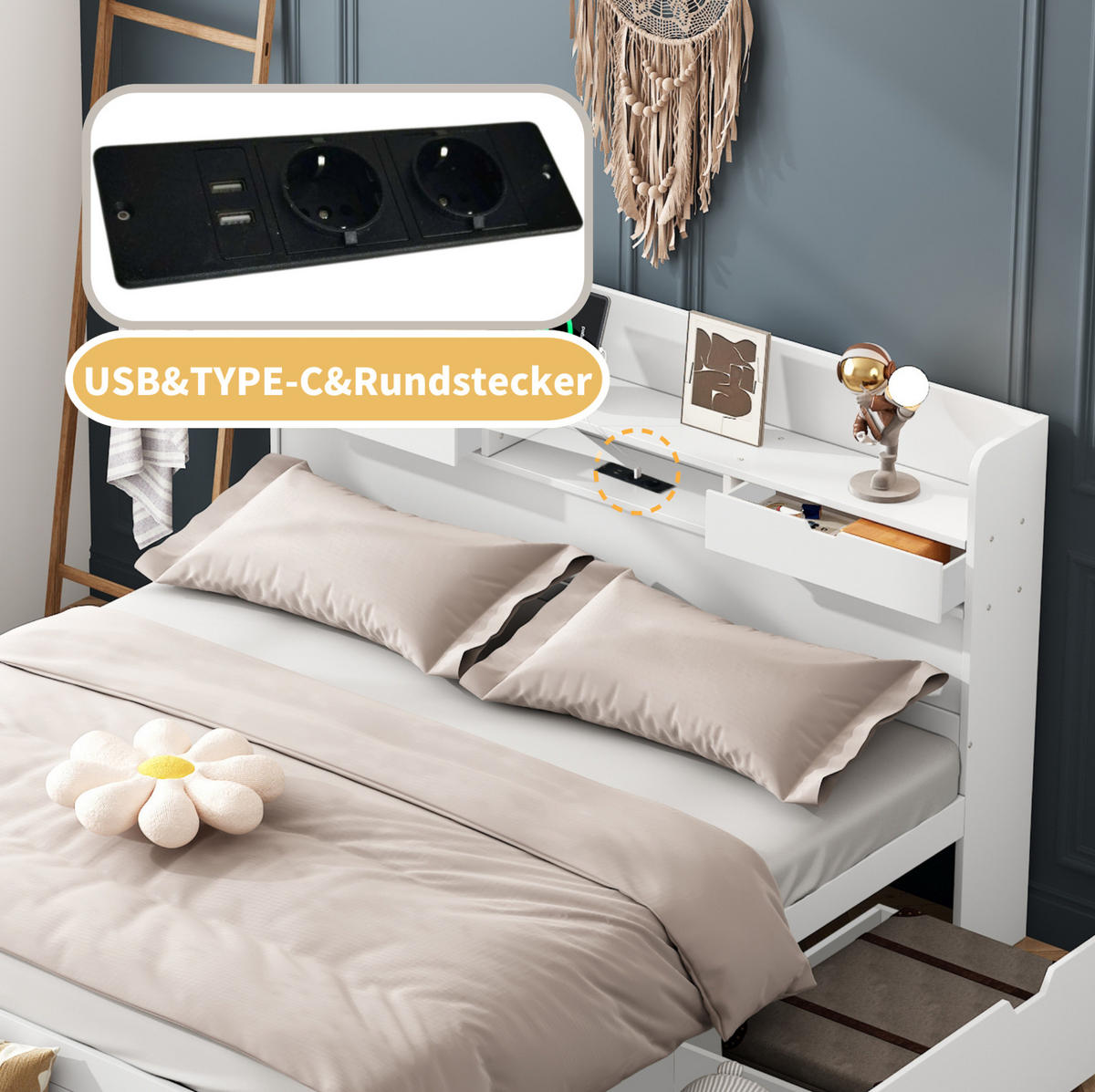 KINDERBETT aus Kiefernholz 140x190 cm Weiß mit Stauraum, USB-Anschluss und Steckdosen - Weiß, Holz (140/190cm) - IVMEU
