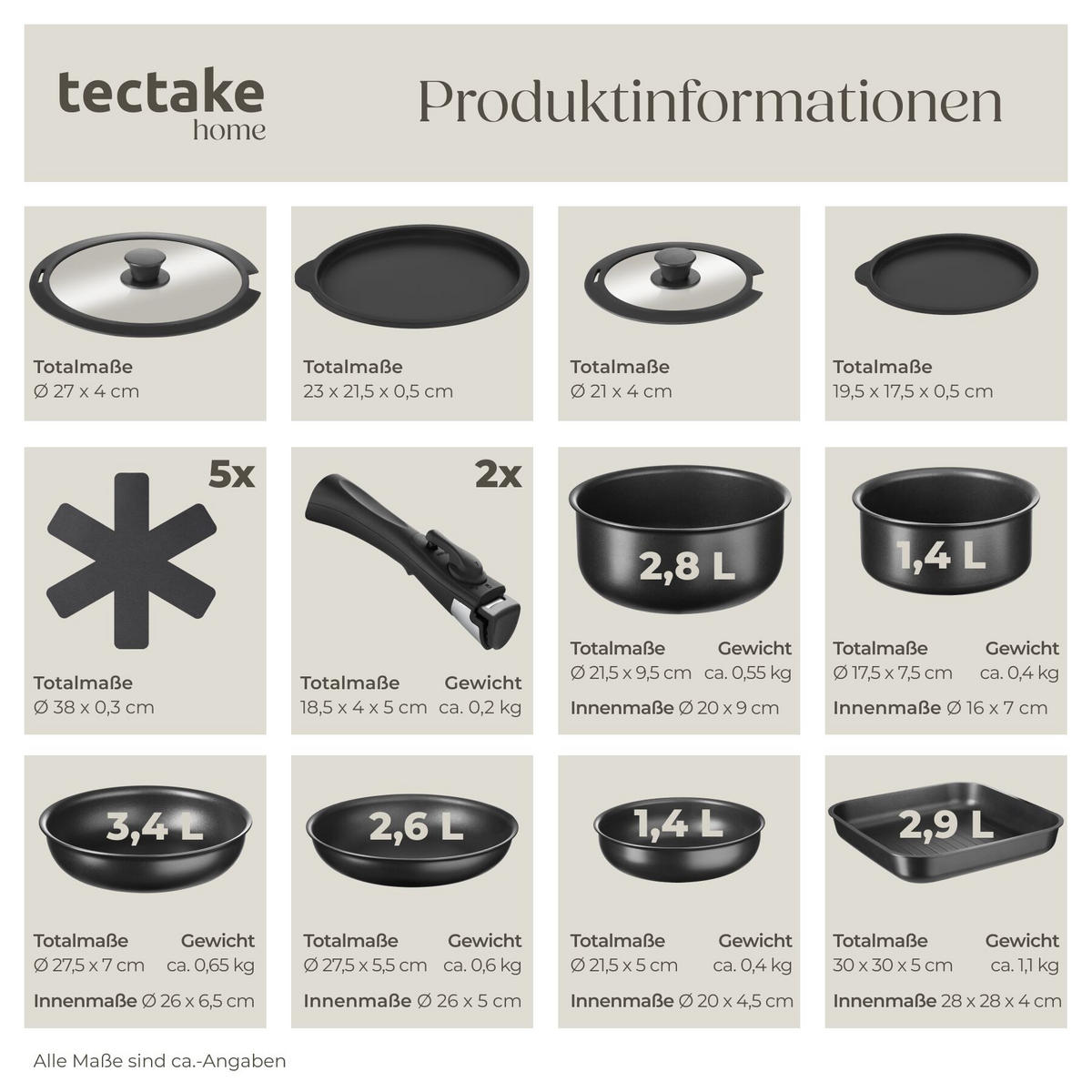 KÜCHENSTARTERSET 41er Set Una/Parma,inklusive Topfschonern und anklemmbaren Griffen,grau/schwarz - Schwarz/Grau, Keramik (30/8.5/46.5cm) - tectake