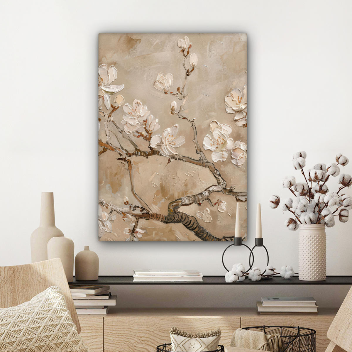 LEINWANDBILD - Blumen - Modern - Beige - Weiß - Blüte - 60x80 - Gemälde - Beige, Textil (60/80cm) - MuchoWow