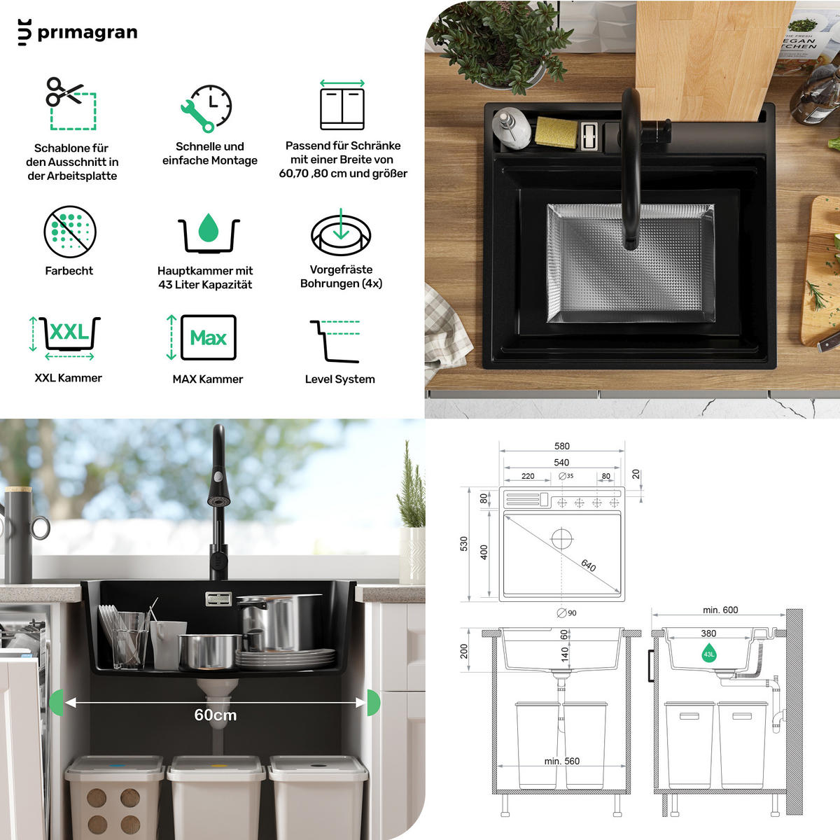 SPÜLBECKEN Oslo Pocket, 2-er set Weiß 58/53 cm 1 Becken + Ablauf-Set + Küchenzubehörset ab 60er Unterschrank - Chromfarben/Beige, Kunststoff (58/20/53cm) - Primagran