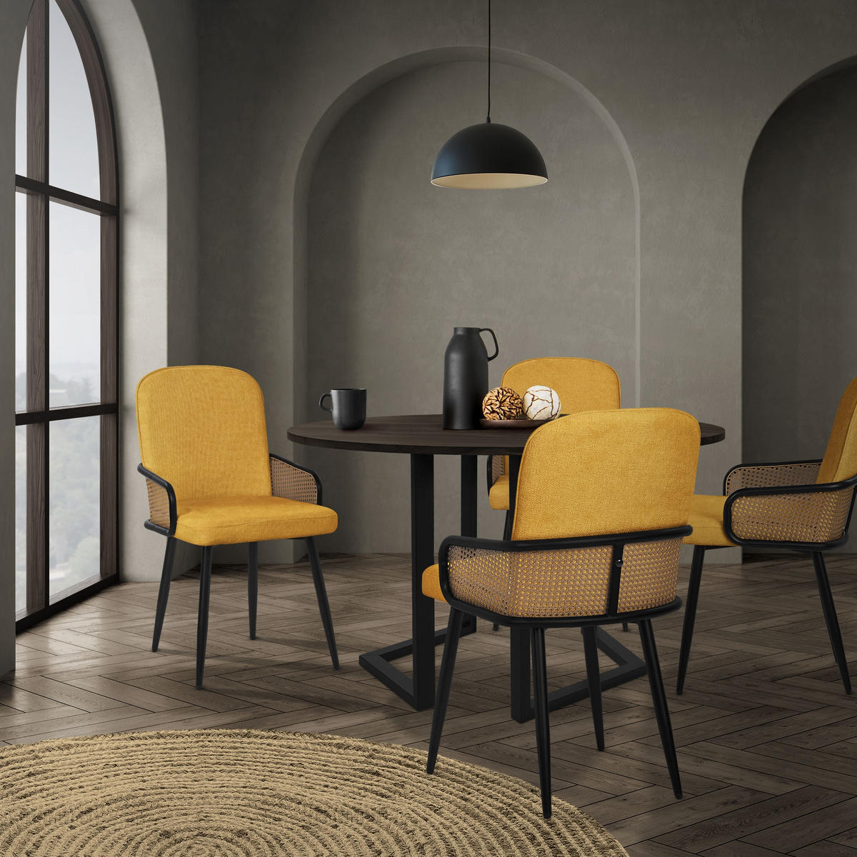 ESSZIMMERSTÜHLE 6er Set Senf mit Stoffbezug Rattan Optik - Gelb/Schwarz, Naturmaterialien/Textil (51/91/61cm) - ML-DESIGN