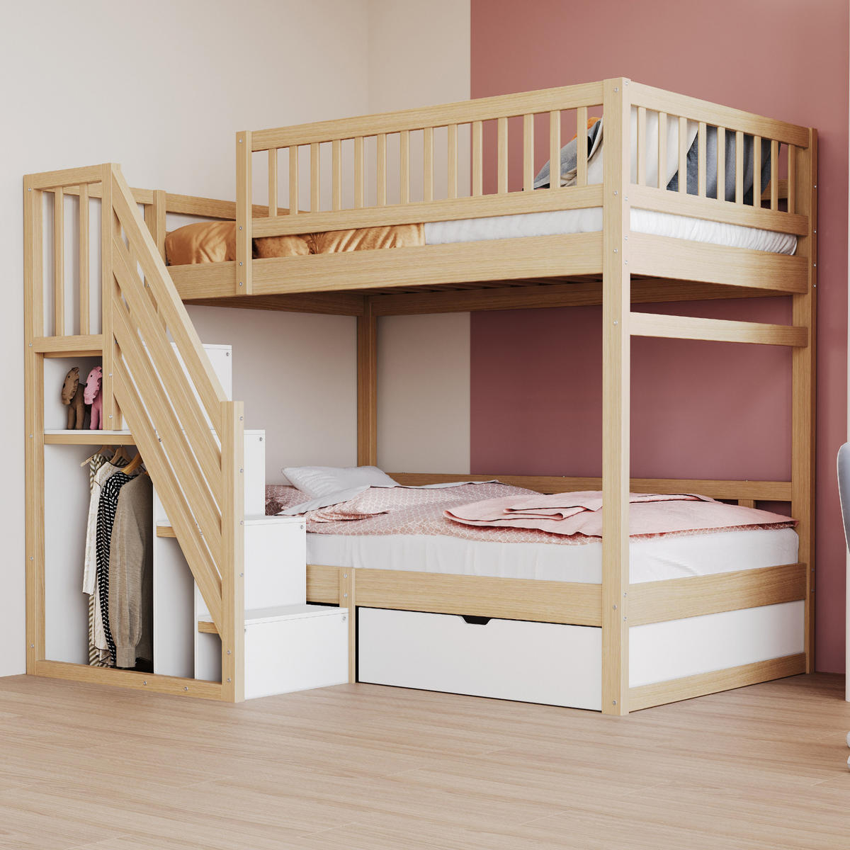 ETAGENBETT 90/200 cm mit Lattenrost, Treppe mit Stauraum und Schubladen, Natur /Weiß - Naturfarben, Holzwerkstoff (90/200cm) - Redom