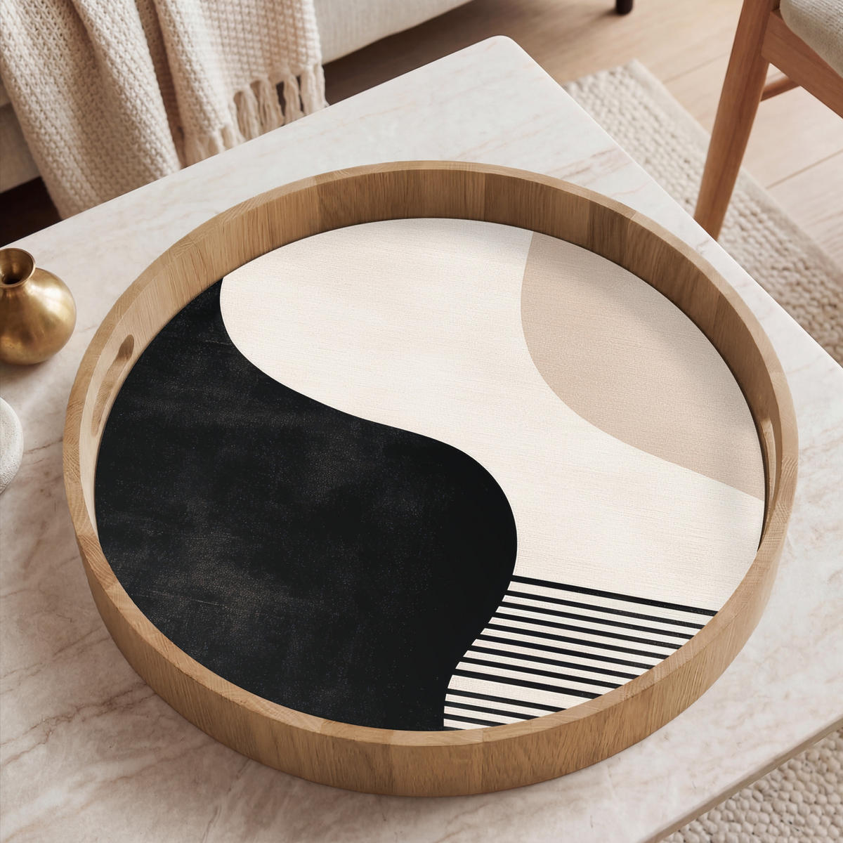 SERVÍROVACÍ PODNOS Abstraktní - Japonské - Béžové - Moderní 50x50 cm - černá, dřevo (50/5/5cm) - OnlyWow