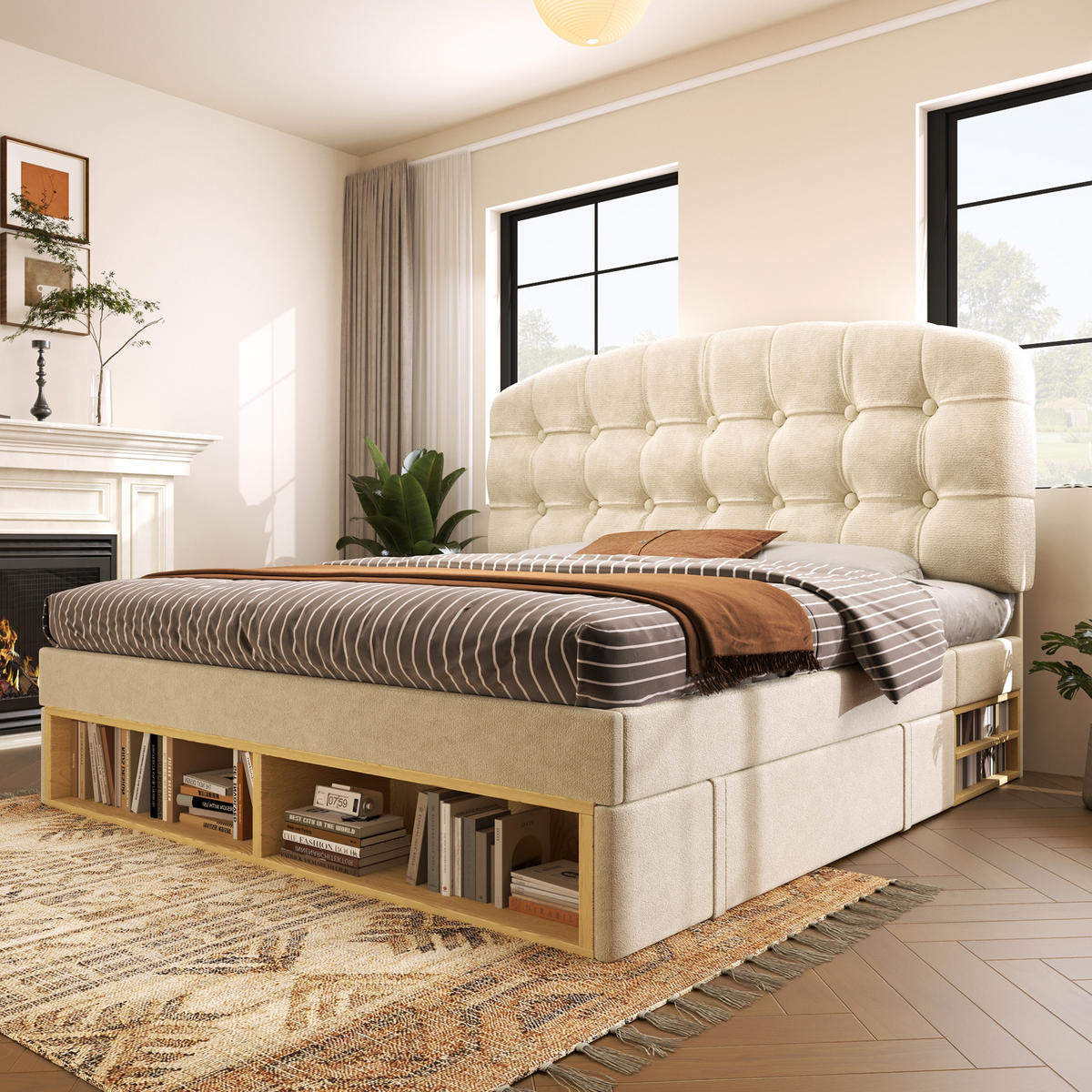 POLSTERBETT 90/200 cm in Beige Samt mit Schubladen, Stauraum und Regal - Beige, Holzwerkstoff/Textil (90/200cm) - WISHDOR
