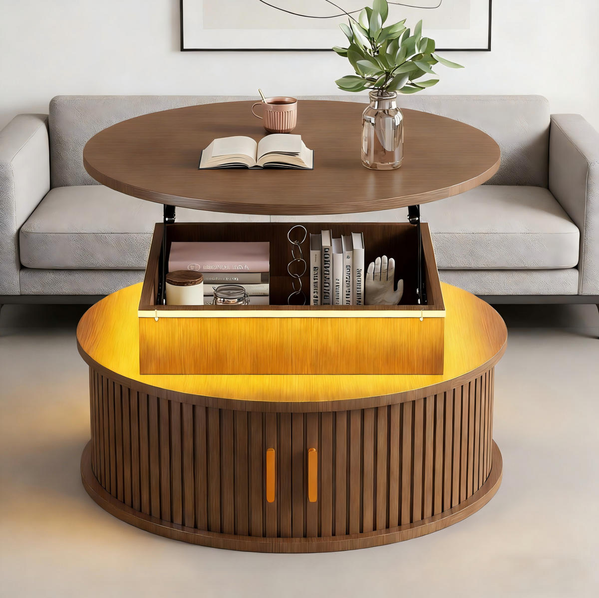 COUCHTISCH 75/75/52 cm aus MDF, höhenverstellbar mit LED-Beleuchtung, Rollladentüren und Stauraum, Walnussfarben - Nussbaumfarben, Holzwerkstoff (75/75/52cm) - Redom