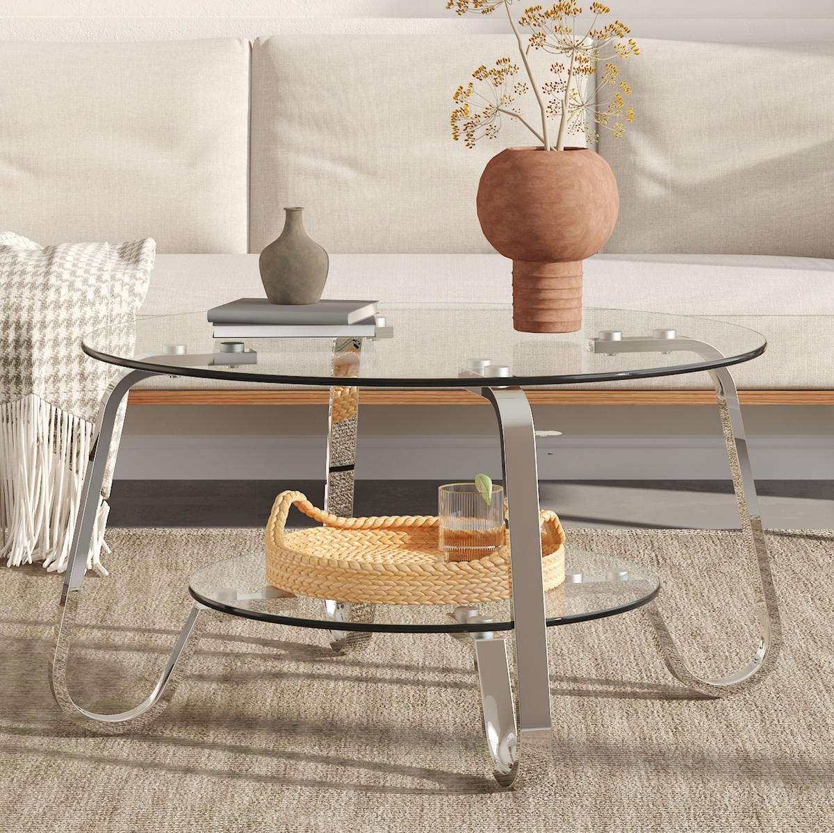 COUCHTISCH 80/80/45 cm 2-stufig mit Glasplatten und Metallgestell, elegante offene Optik, Silber - Silberfarben, Metall (80/80/45cm) - Redom
