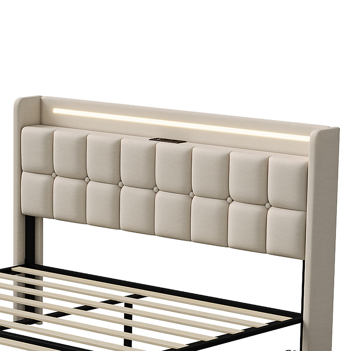 POLSTERBETT Geometrisch 180/200 cm mit 4 Schubladen & LED Leinenoptik Beige - Beige, Textil (180/200cm) - Creahappy