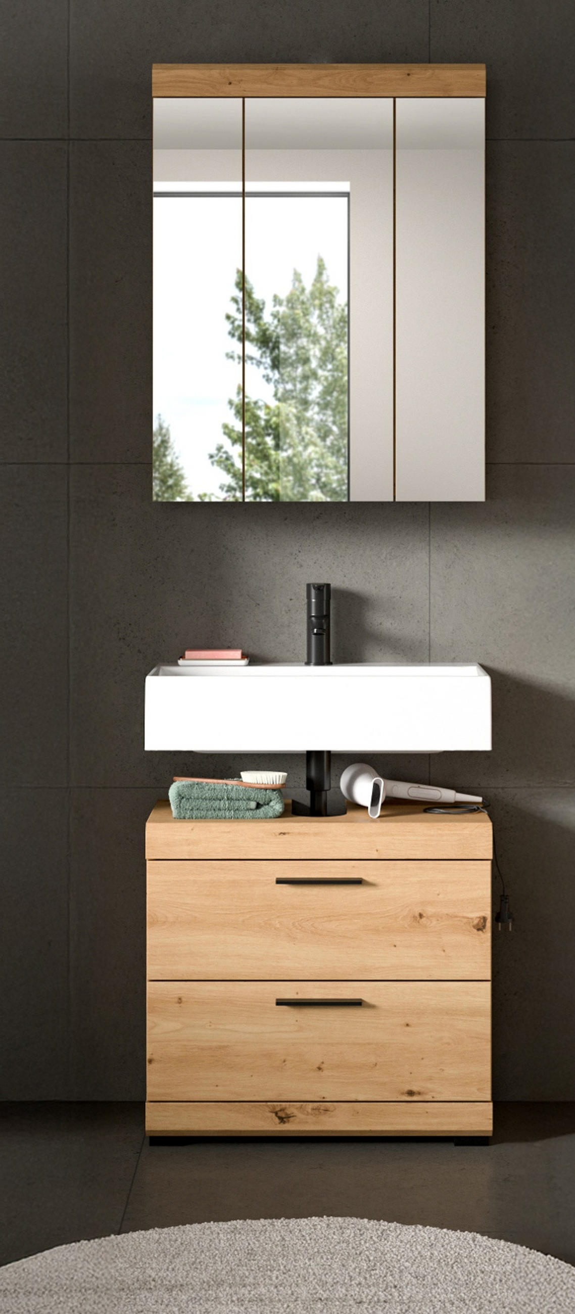 BADMÖBEL-SET Eiche Artisan 60 x 191 cm 2-teilig, Badkombination modernes Design - Schwarz/Eiche Artisan, Glas/Holzwerkstoff (60/191/34cm) - Inn.Furn