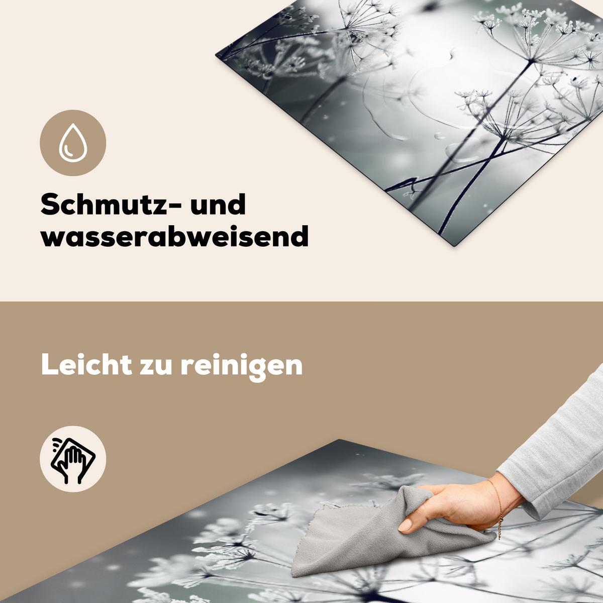 HERDABDECKPLATTE Blumen - Winter - Schnee - Natur Ceranfeldabdeckung 59x52 cm - Grau, Kunststoff (59/52/0.2cm) - MuchoWow