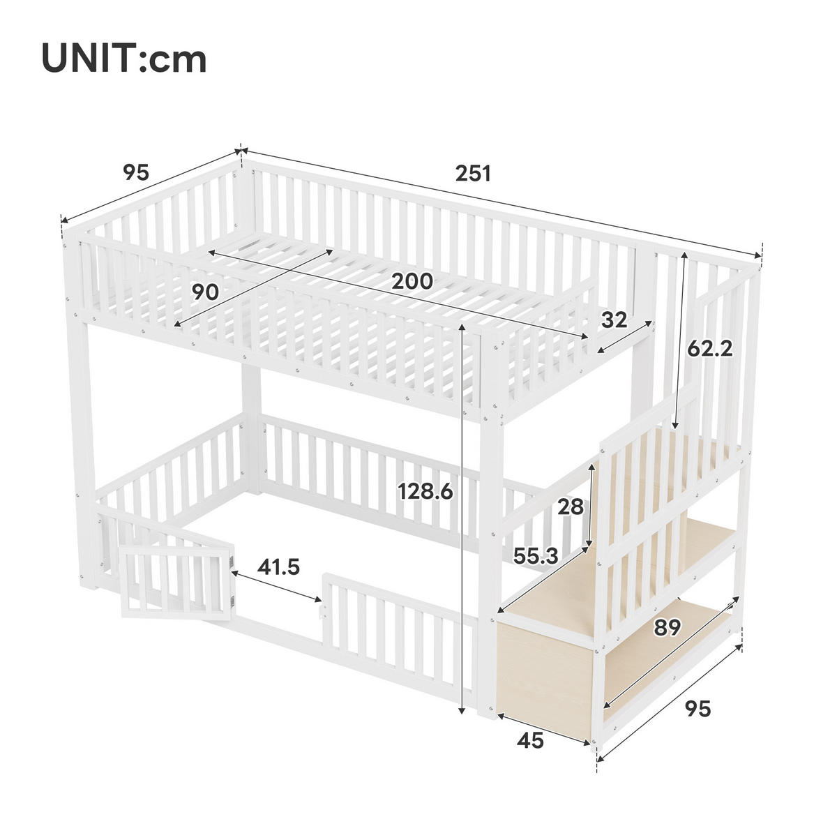 ETAGENBETT aus MDF und Metall 90x200 cm Weiß mit LED-Beleuchtung, Stauraumleiter und Schutzgittern - Weiß, Holzwerkstoff (90/200cm) - Modfu