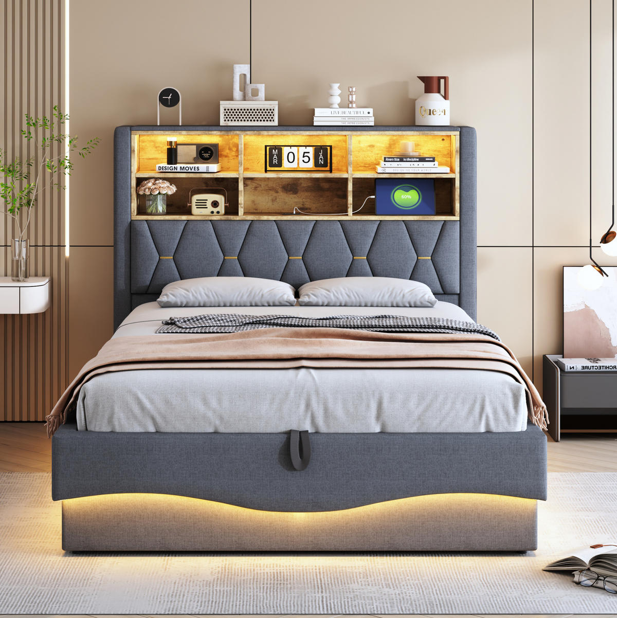 POLSTERBETT mit Bettkasten 140/200 cm mit LED-Beleuchtung und USB in Grau - Grau, Metall (140/200cm) - BEAOK