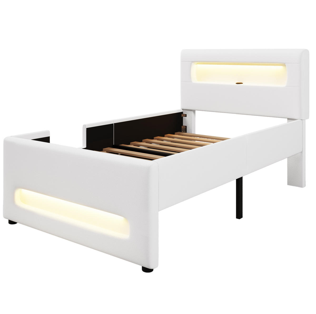 POLSTERBETT 90/200 cm weiß aus MDF und PU mit LED und Schublade - Weiß, Holzwerkstoff (90/200cm) - OKWISH