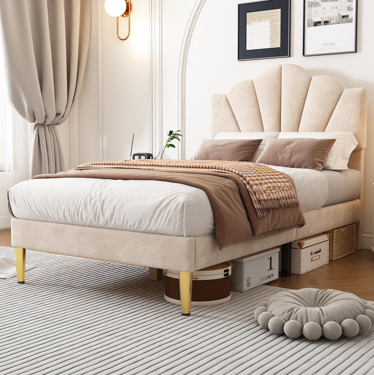 POLSTERBETT 90/200 cm mit höhenverstellbarem Kopfteil, Samtbezug & Lattenrost, Beige - Beige, Textil (90/200cm) - Redom