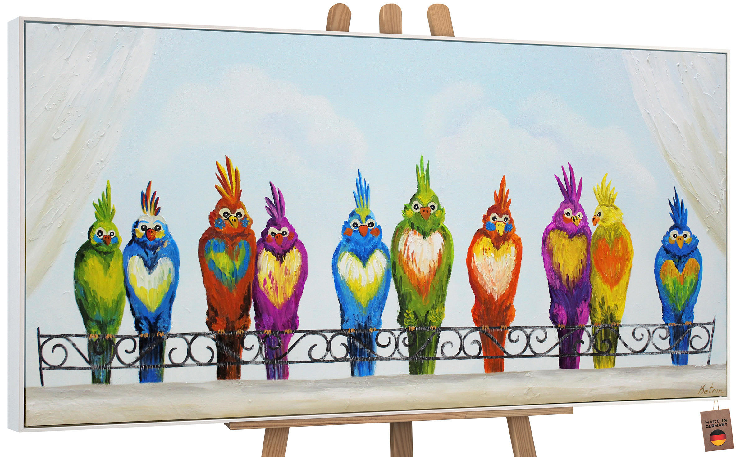 GEMÄLDE Lustige Vögel Schattenfugenrahmen weiß 200x100 cm - Weiß, Holz (200/100cm) - YS-art gallery