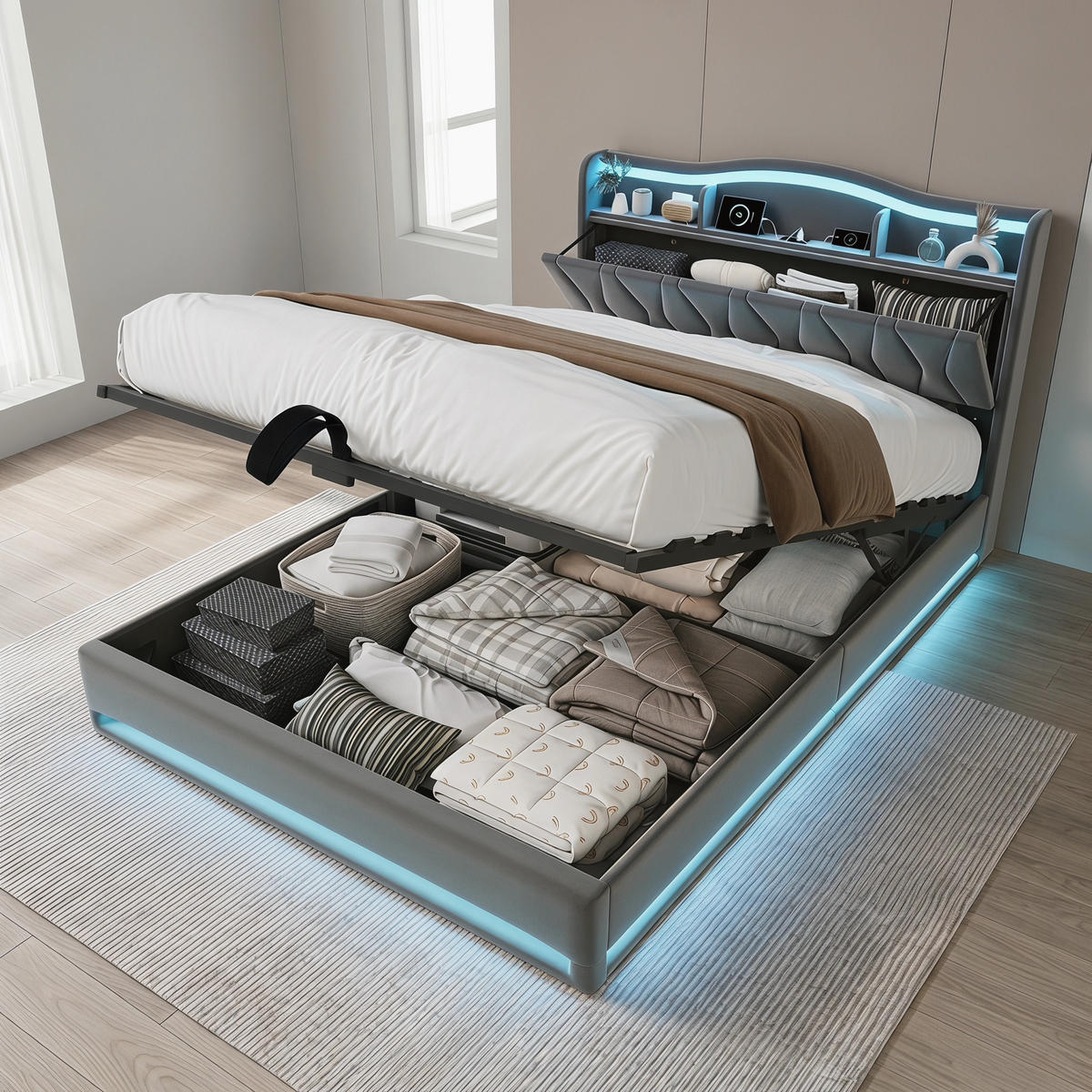POLSTERBETT 140/200 aus Samt, mit gepolstertem Kopfteil, Bettkasten, LED, USB, Lattenrost, Grey - Grau, Holzwerkstoff (140/200cm) - Brevoria