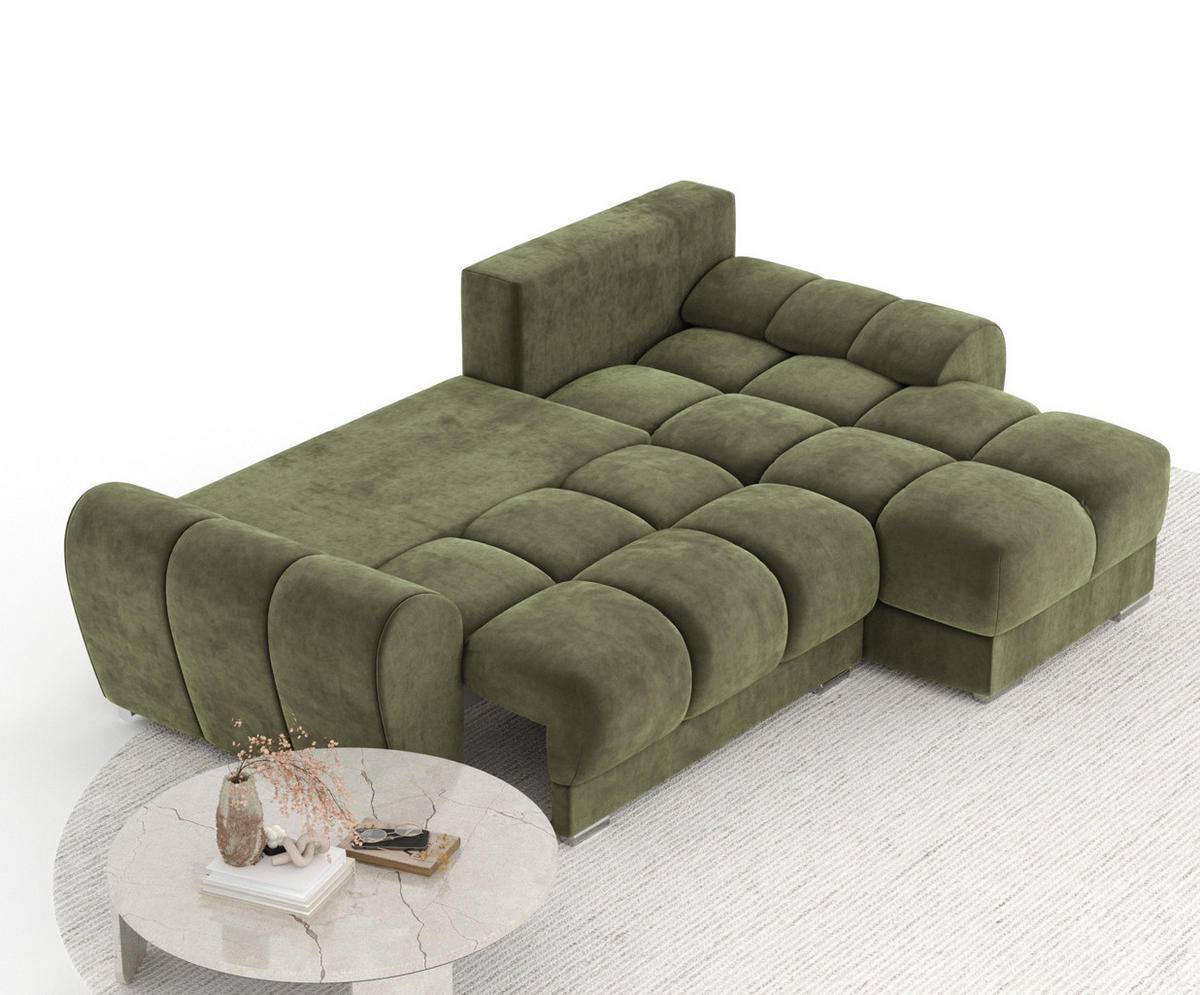 ECKSOFA MIT SCHLAFFUNKTION Peebles Olivenfarbe Samtstoff - Chromfarben/Olivgrün, Holz/Holzwerkstoff (256/175cm) - Maison de Reve