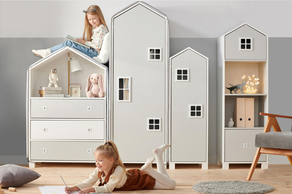 KINDERBÜCHERREGAL MIRUM mit Schublade und Türen, Weiß/Grau - Weiß/Grau, Holz (47/152/45cm) - KONSIMO®