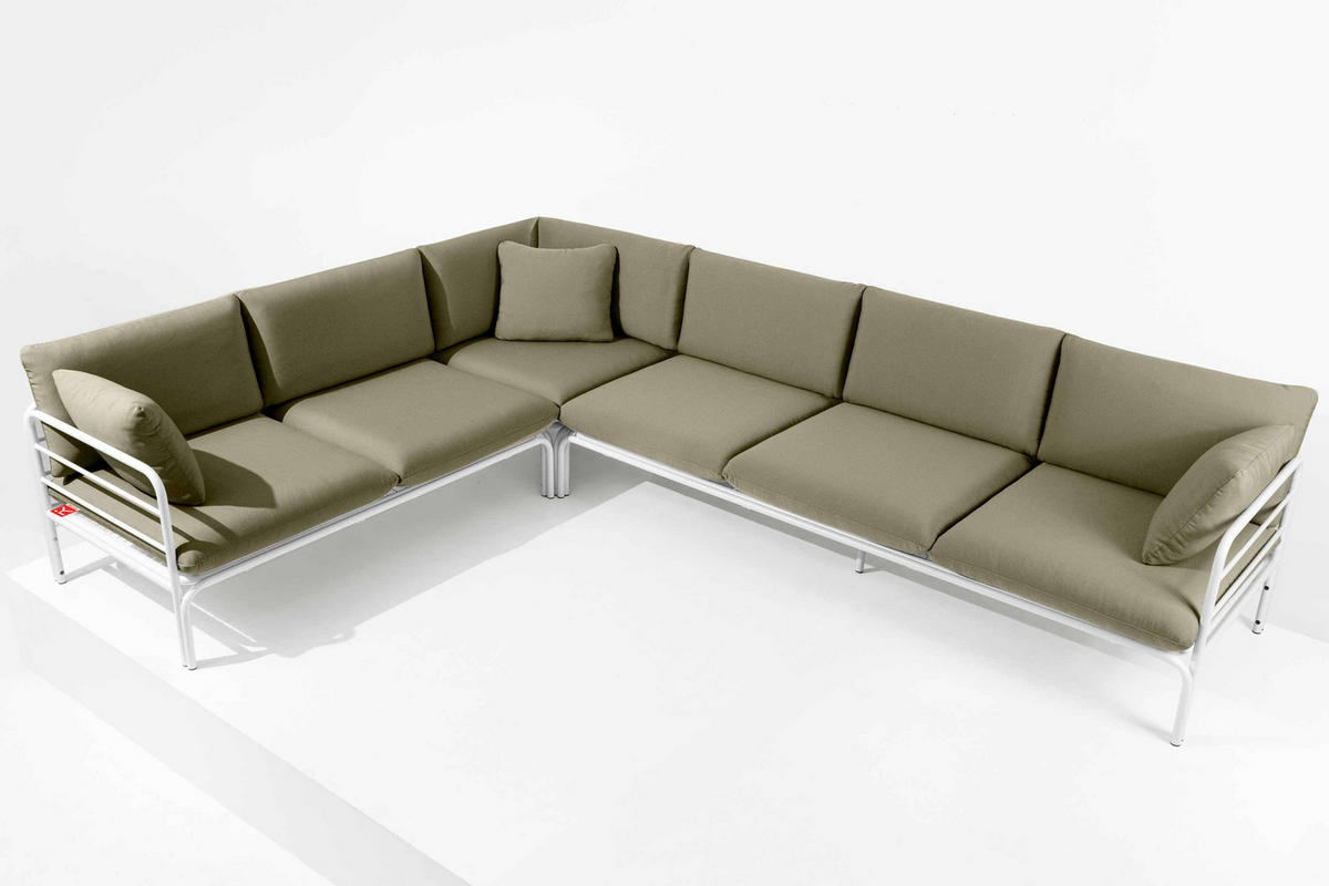 GARTENECKSOFA RAMBE 5-Sitzer mit Kissen, Weiß/Beige - Beige/Weiß, Textil/Metall (304/80/229cm) - KONSIMO®