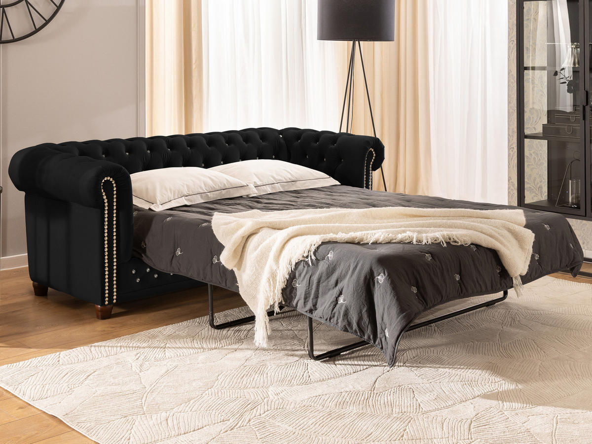 CHESTERFIELD-SOFA 3-Sitzer mit Schlaffunktion Cleo Blink Schwarz Samt mit Kristallsteppung und braunen Massivholzfüßen - Schwarz/Braun, Holz/Textil (203/72/86cm) - S-Style Möbel