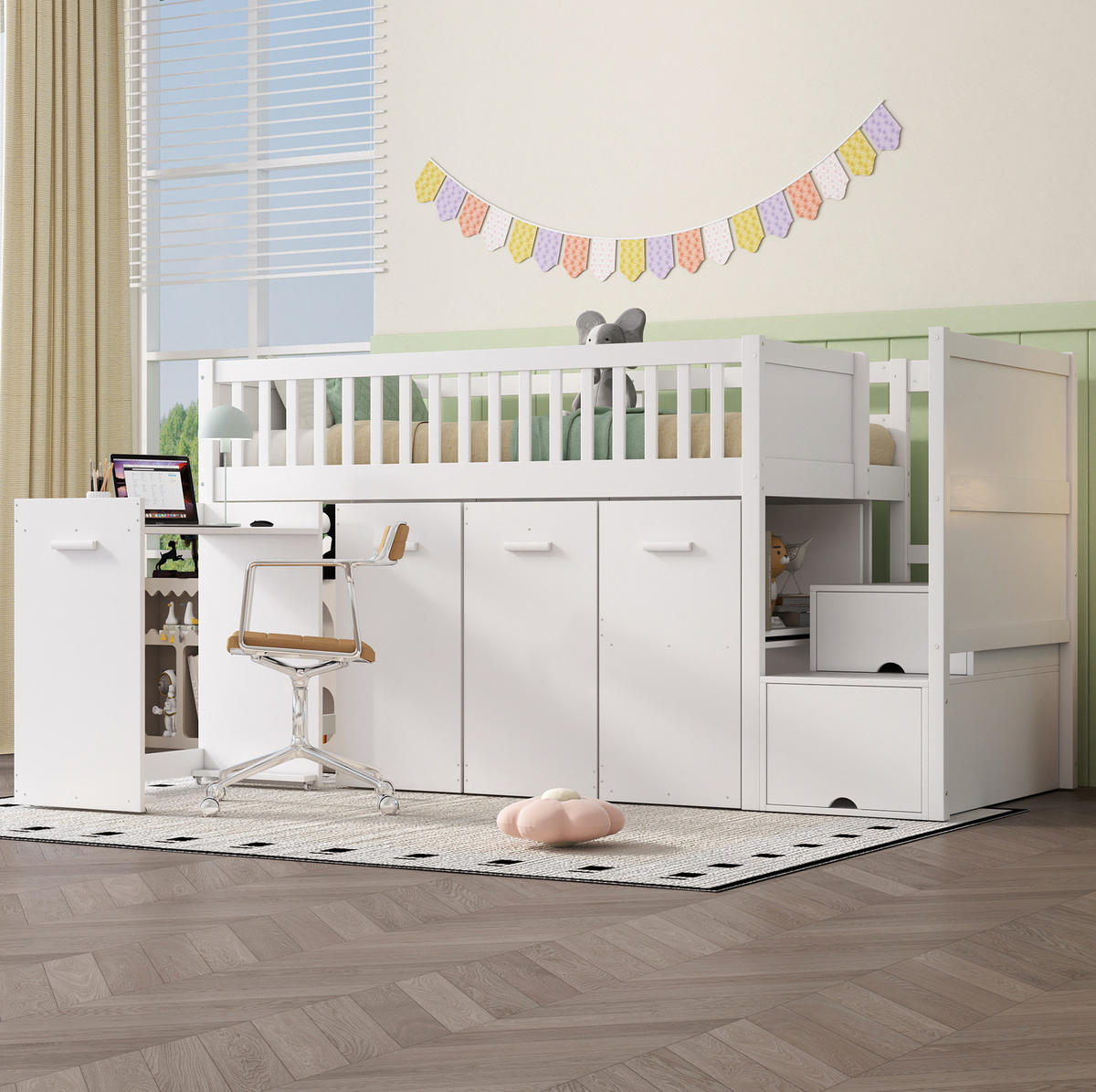 POSCHODOVÁ posteľ 90/200 cm biela z borovice a MDF s písacím stolom úložným priestorom a skriňami - biela, kompozitné drevo (90/200cm) - OKWISH