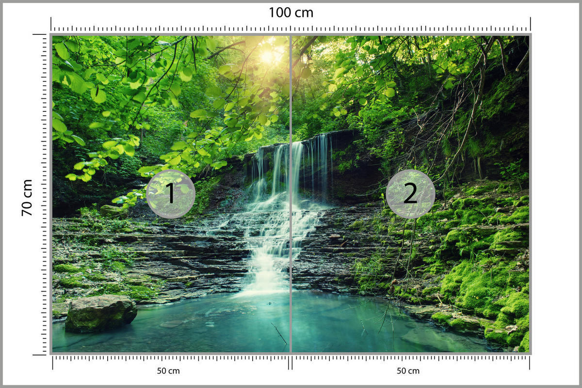 FOTOTAPETE für Schlafzimmer Türkisfarbener Wasserfall Wald Bäume Blätter Felsen 100x70 - Türkis/Blau, Papier (100/70cm) - Muralo