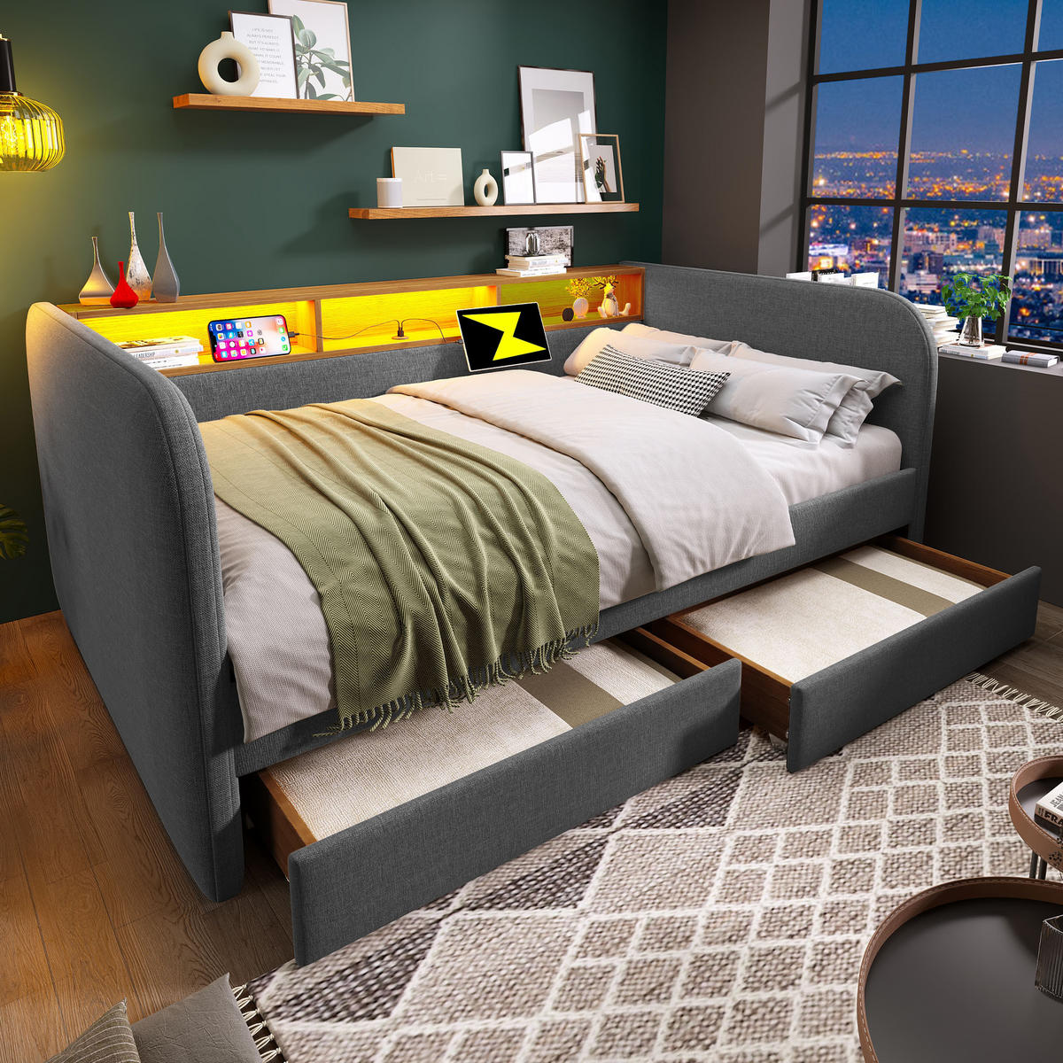 POLSTERBETT 140/190 cm Grau mit LED und USB-C-Ladefunktion - Grau, Textil (140/190cm) - OKWISH