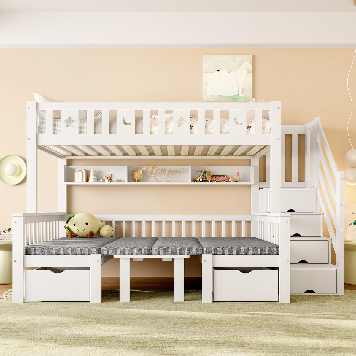 HOCHBETT aus Kiefernholz 90x200 cm in Weiß mit Schreibtisch & Stauraumleiter - Weiß, Holz (90/200cm) - Modfu