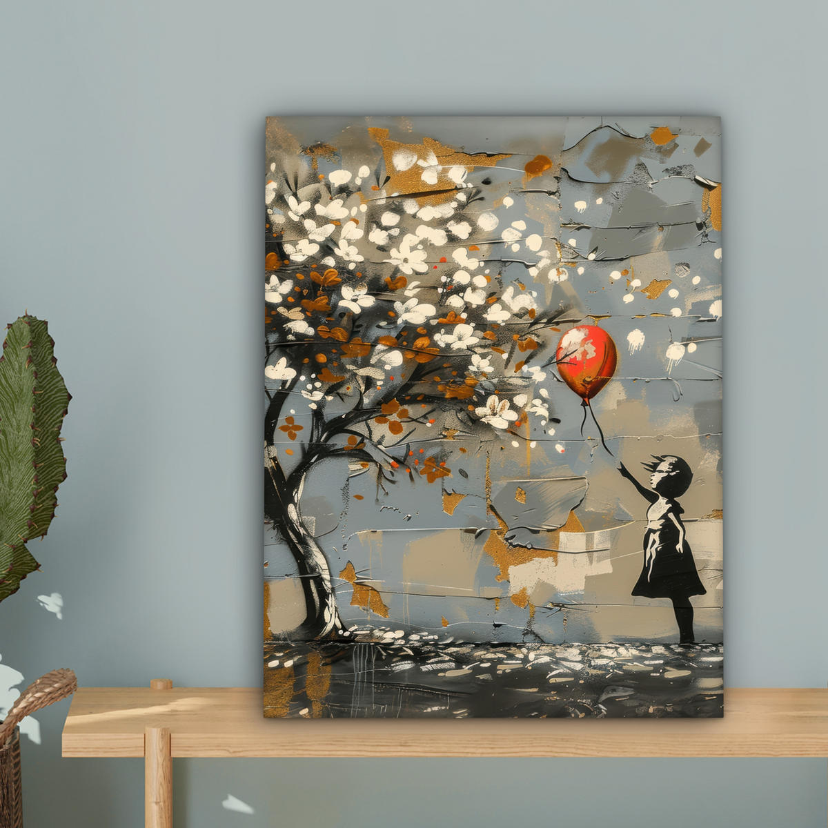 LEINWANDBILD Baum - Graffiti - Banksy-Stil - Ballon-Mädchen Room Decor 30x40 cm - Blaugrau, Textil (30/40cm) - MuchoWow