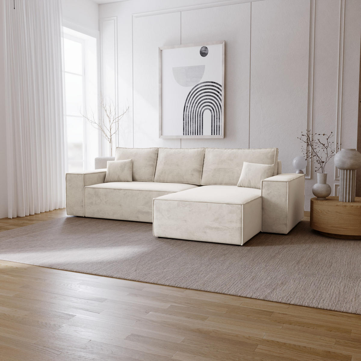 ECKSOFA mit Schlaffunktion Bergamo L 280 cm, Samt, Rechts - Vanille - Ecru, Holz (189/277cm) - Emporius