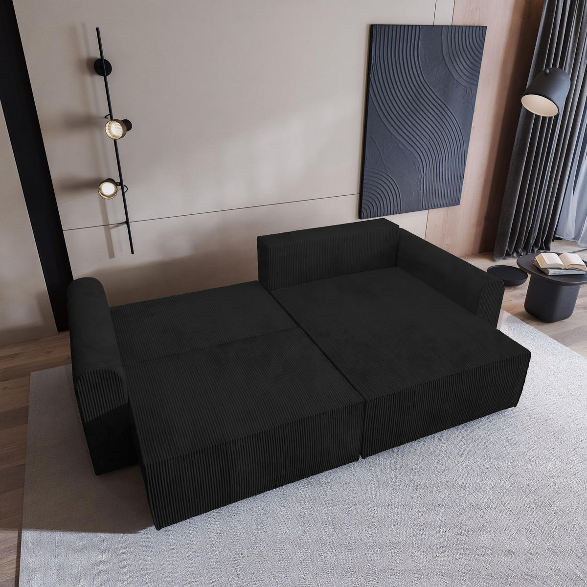 ECKSOFA FIANO P Schwarz Kordstoff mit Schlaffunktion - Schwarz, Holz (245/148cm) - MASSENO