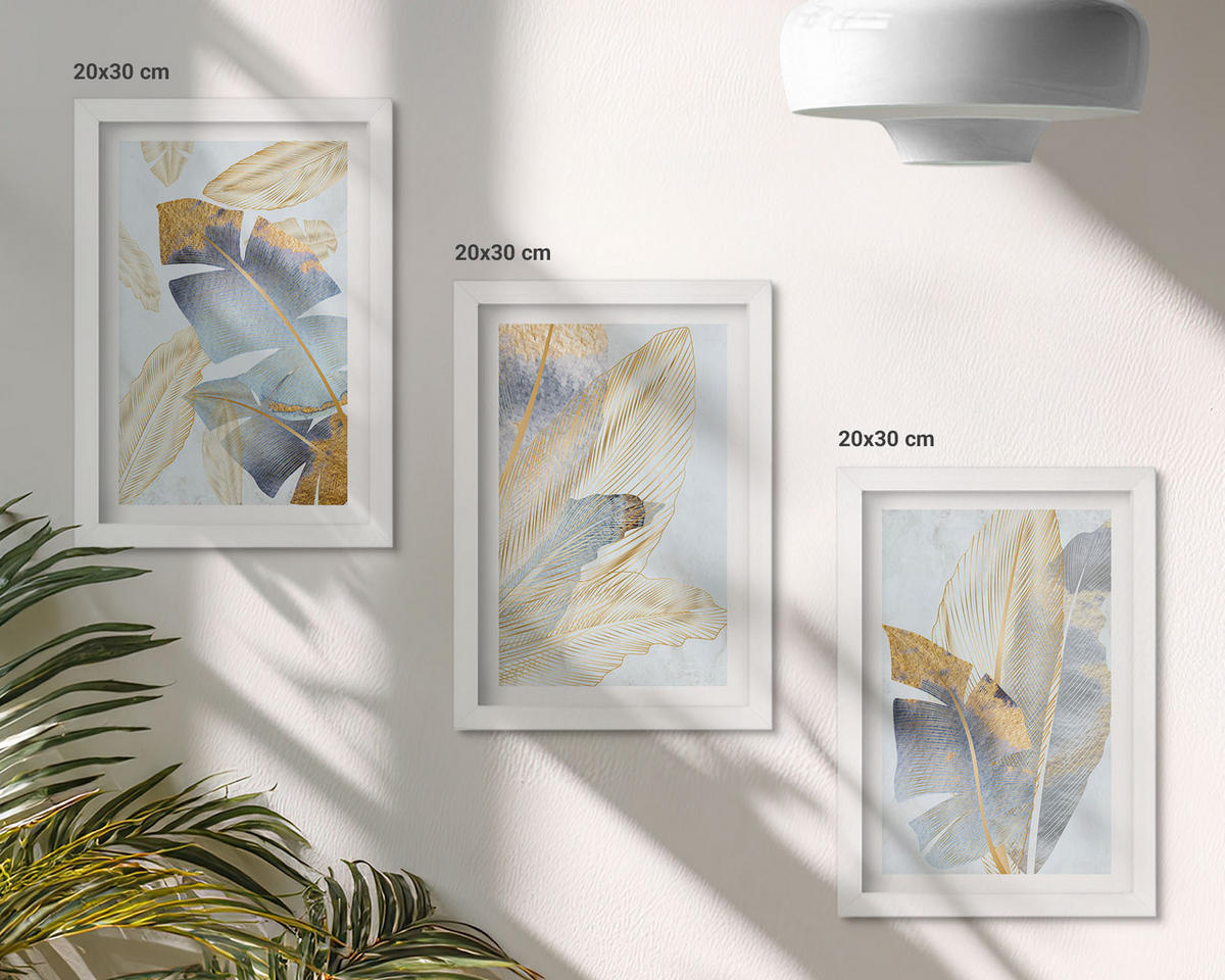 BILDER SET 3er Set - 20x30 cm Weißer Rahmen - Hellblau-beige Blätter - Weiß, Kunststoff (20/30cm) - TULUP