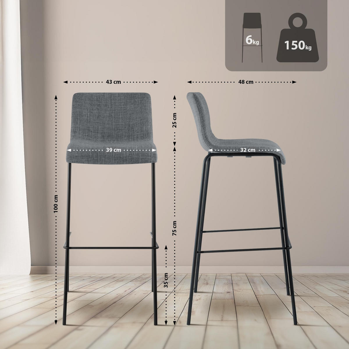 BARHOCKER Hover 100x43x48 cm hellgrau - Hellgrau, Textil (43/100/48cm) - furnicato