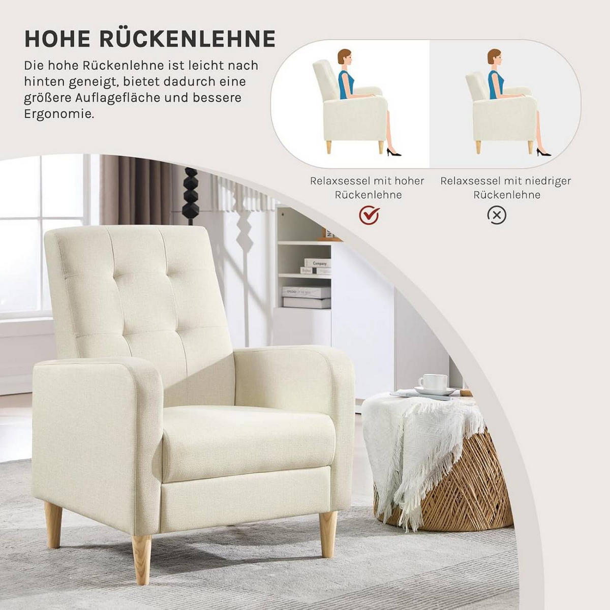 RELAXSESSEL mit Massivholzbeinen, Leinen, Beige - Beige, Holz/Holzwerkstoff (68/90.5/76cm) - Woltu