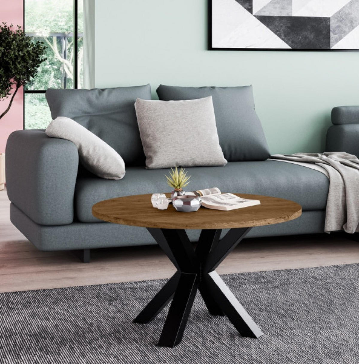 TISCH Braun Lefkas Eiche Metallgestell Rund 90 cm - Braun, Holzwerkstoff (90/90/45cm) - Sepro Meble