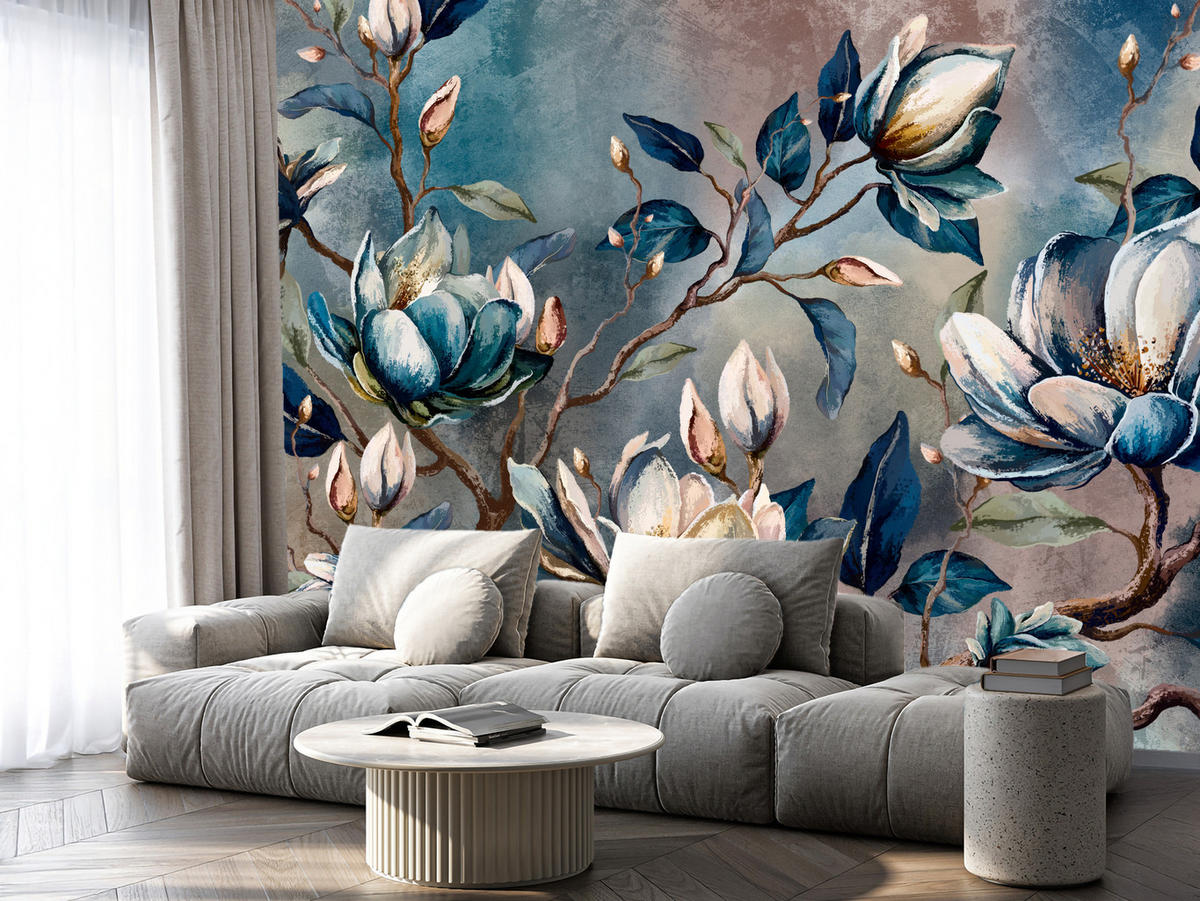FOTOTAPETE für Wohnzimmer Wunderschöne Magnolien Blätter Zweige Blumen 500x350 - Multicolor, Papier (500/350cm) - Muralo