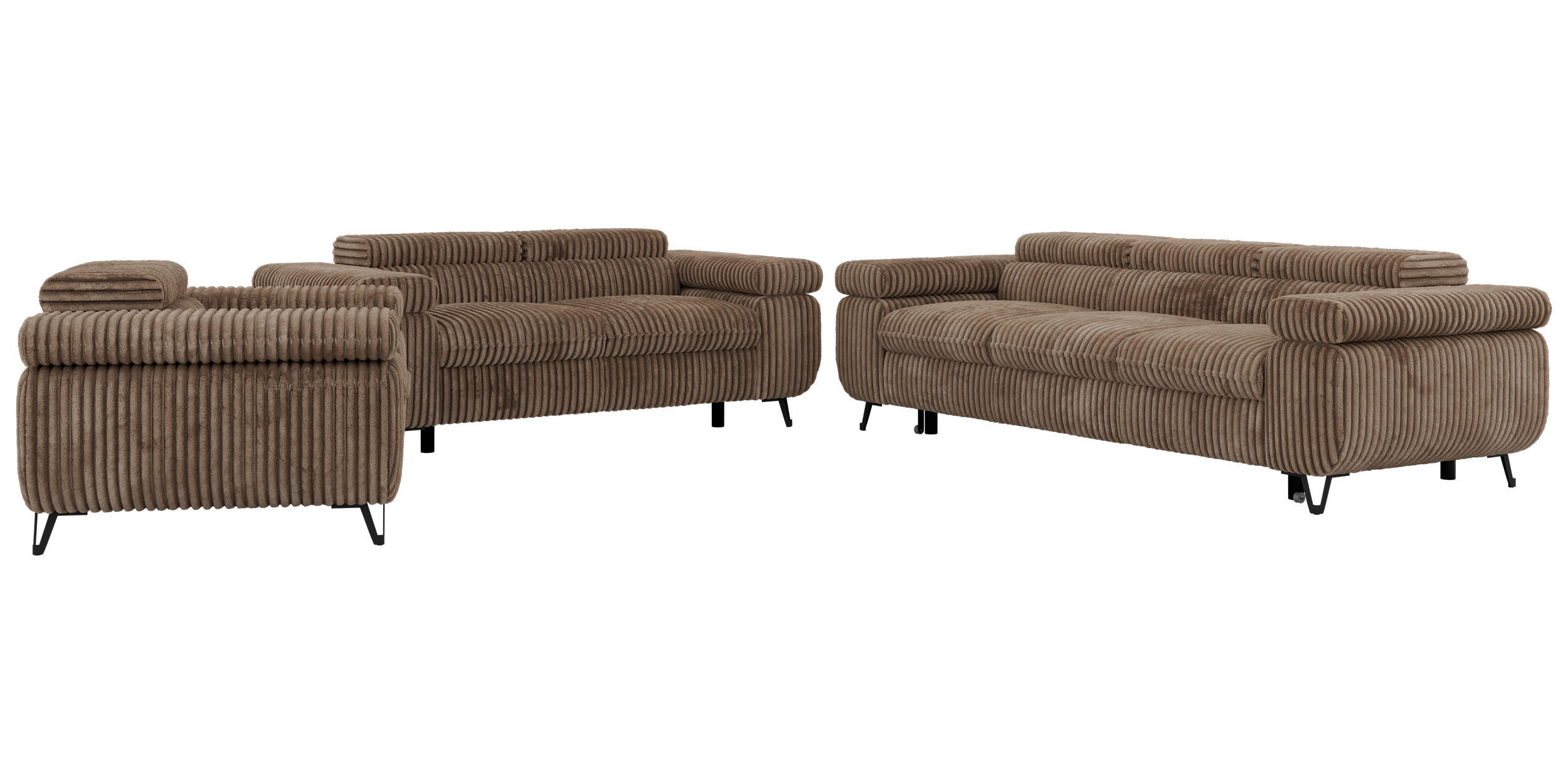 SITZGARNITUR PETER 1+2+3 mit Schlaffunktion - Braun Cord - Schwarz/Braun, Textil/Metall (262/76/99cm) - MKS